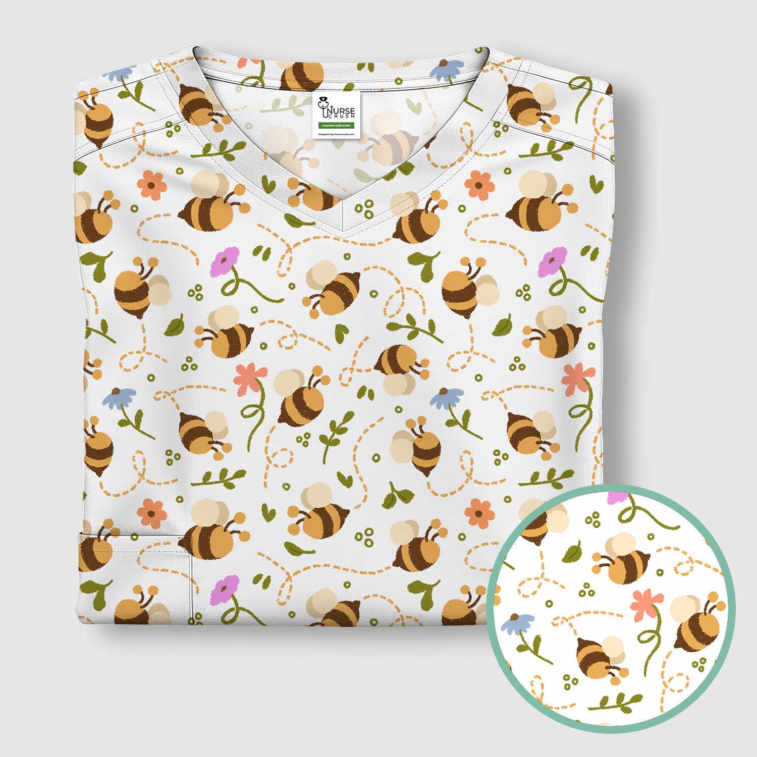 Bee Flying Floral Trail Garden Pattern Scrub Top, Breathable Fabrics Nursing Uniform