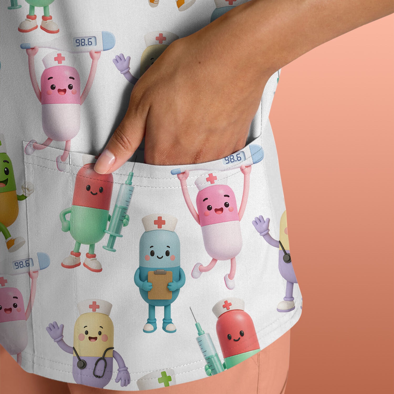 Funny Pharmacist Pill Scrub Top - Cute Cartoon Capsule Characters Design - Gift for RN LPN Healthcare Workers
