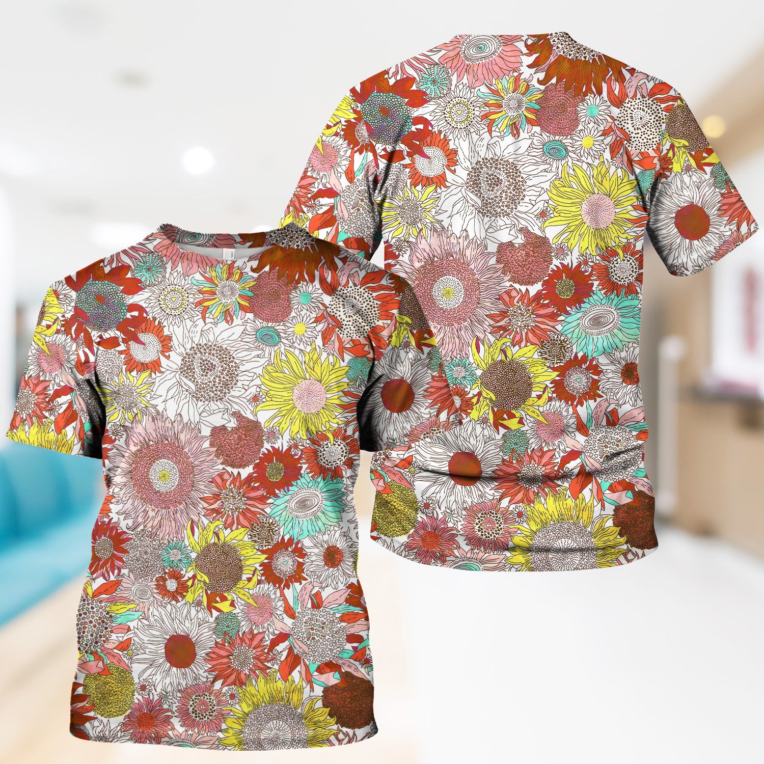 Women’s Floral Medical Scrub Shirt - Bright Sunflower Pattern for RN LPN CNA - Cute Gift for Nurses & Healthcare Professionals