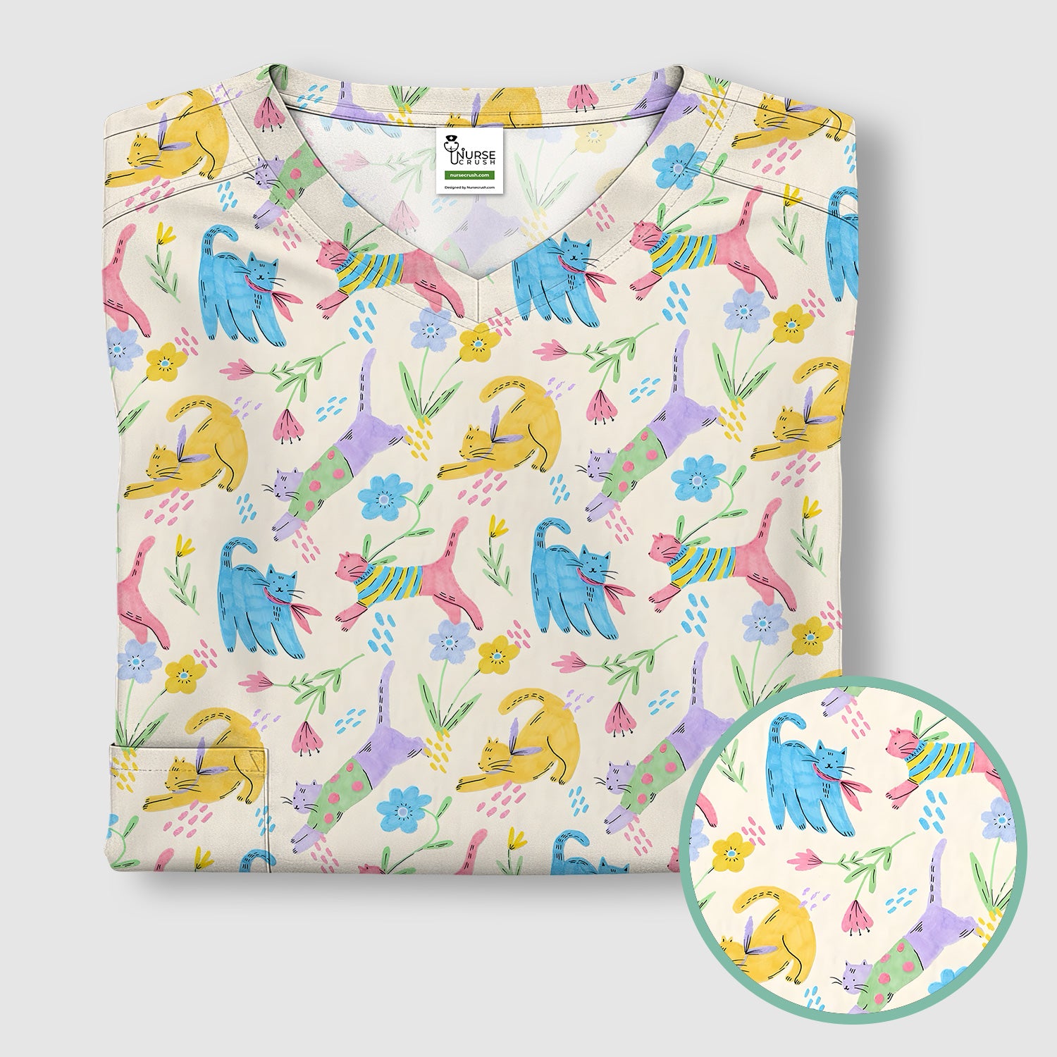 Cute Colorful Cat Floral Pattern Scrub Top, Comfortable Scrubs For Nurses