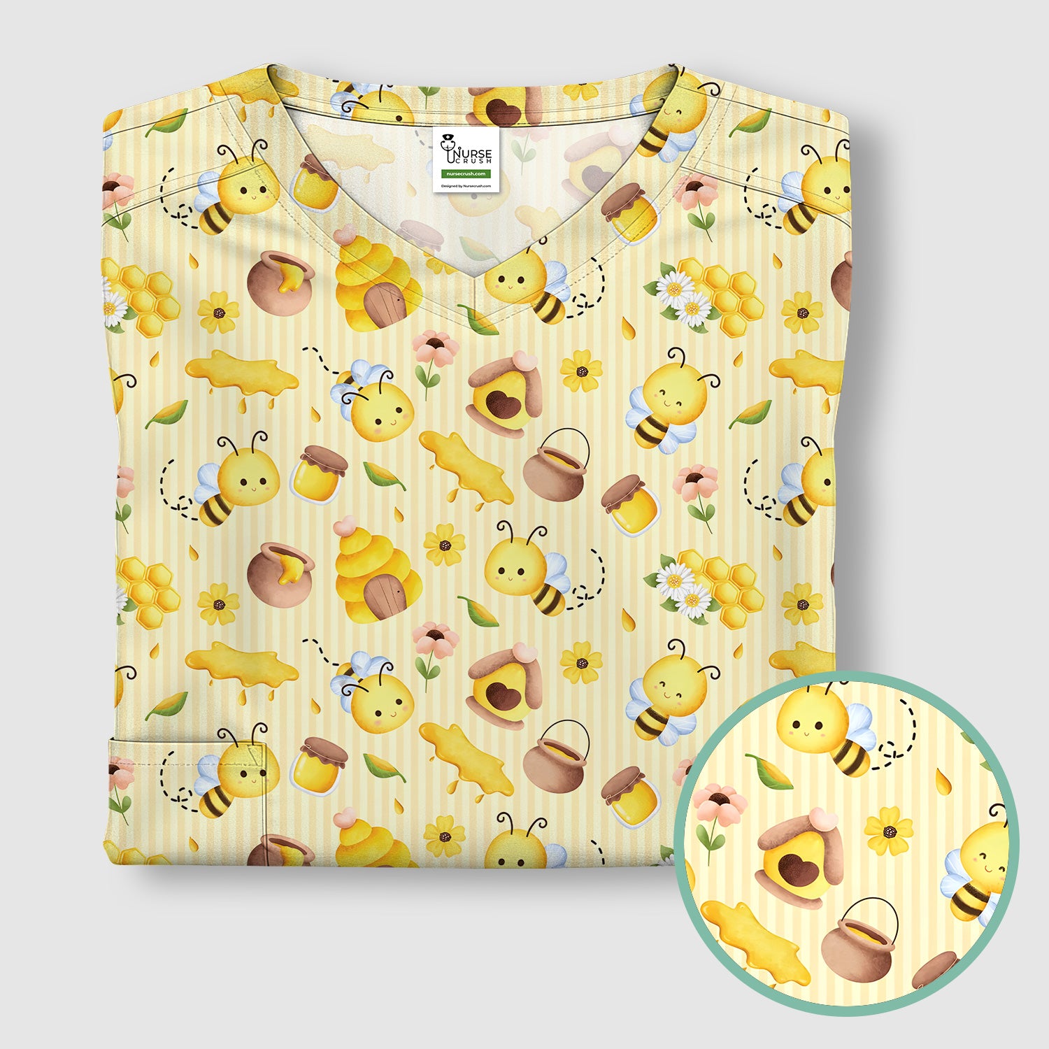Cute Bee Honey Flower Stripe Pattern Scrub Top, Breathable Fabrics Nursing Uniform