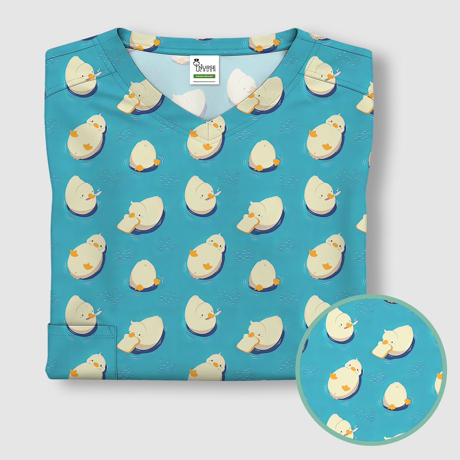 Cute Blue Duck Pond Pattern Scrub Top, Comfortable Scrubs For Nurses