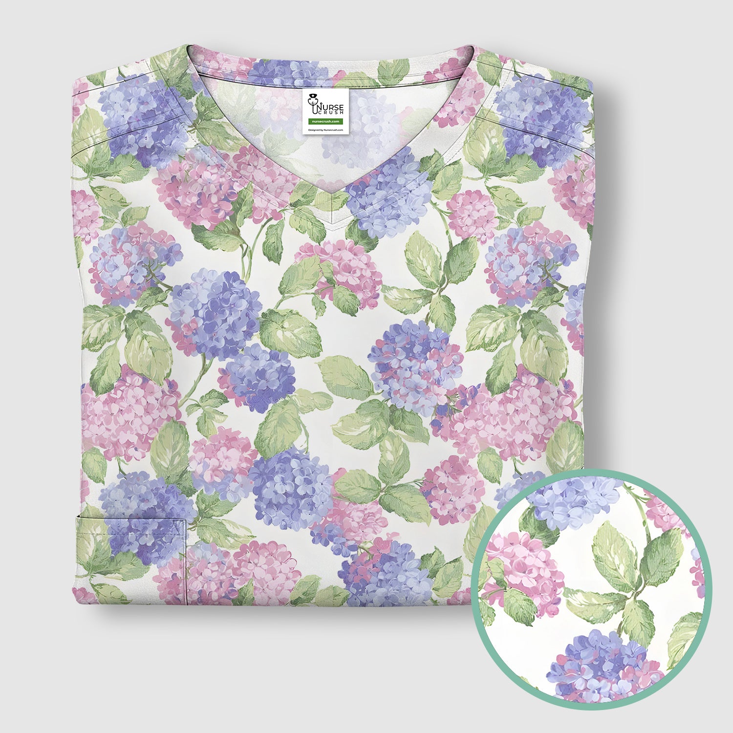 Soft Pastel Watercolor Hydrangea Floral Pattern Scrub Top, Comfortable Scrubs for Nurses
