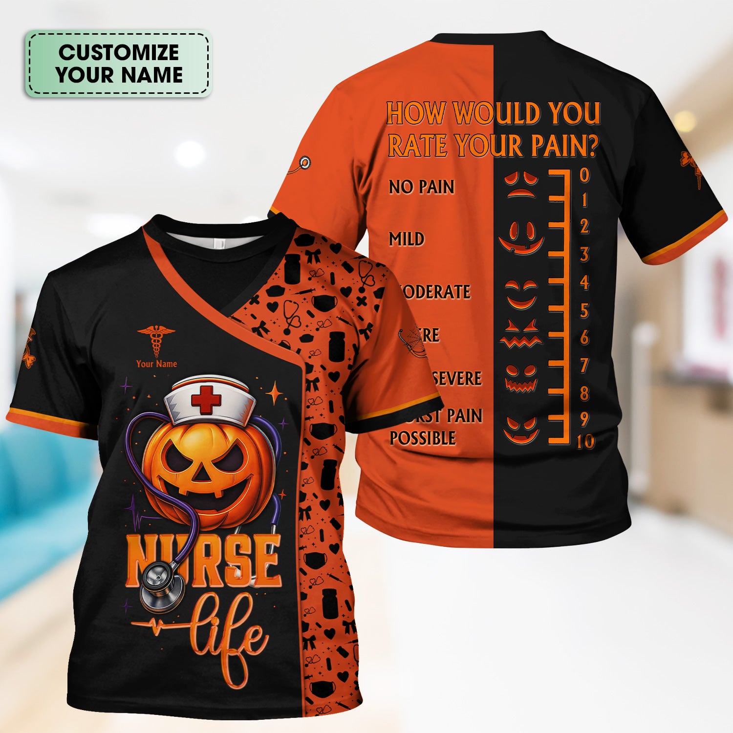 Custom Halloween Nurse Scrub Top with Pain Scale - Personalized Medical Uniform for RN CNA LPN - Gift for Medical Professionals