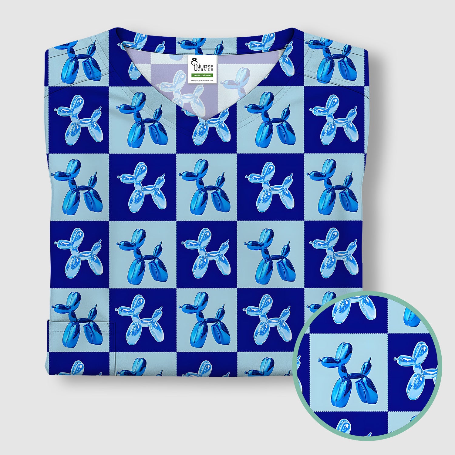 Cute Blue Balloon Dog Checkered Pattern Scrub Top, Breathable Fabrics Nursing Uniform