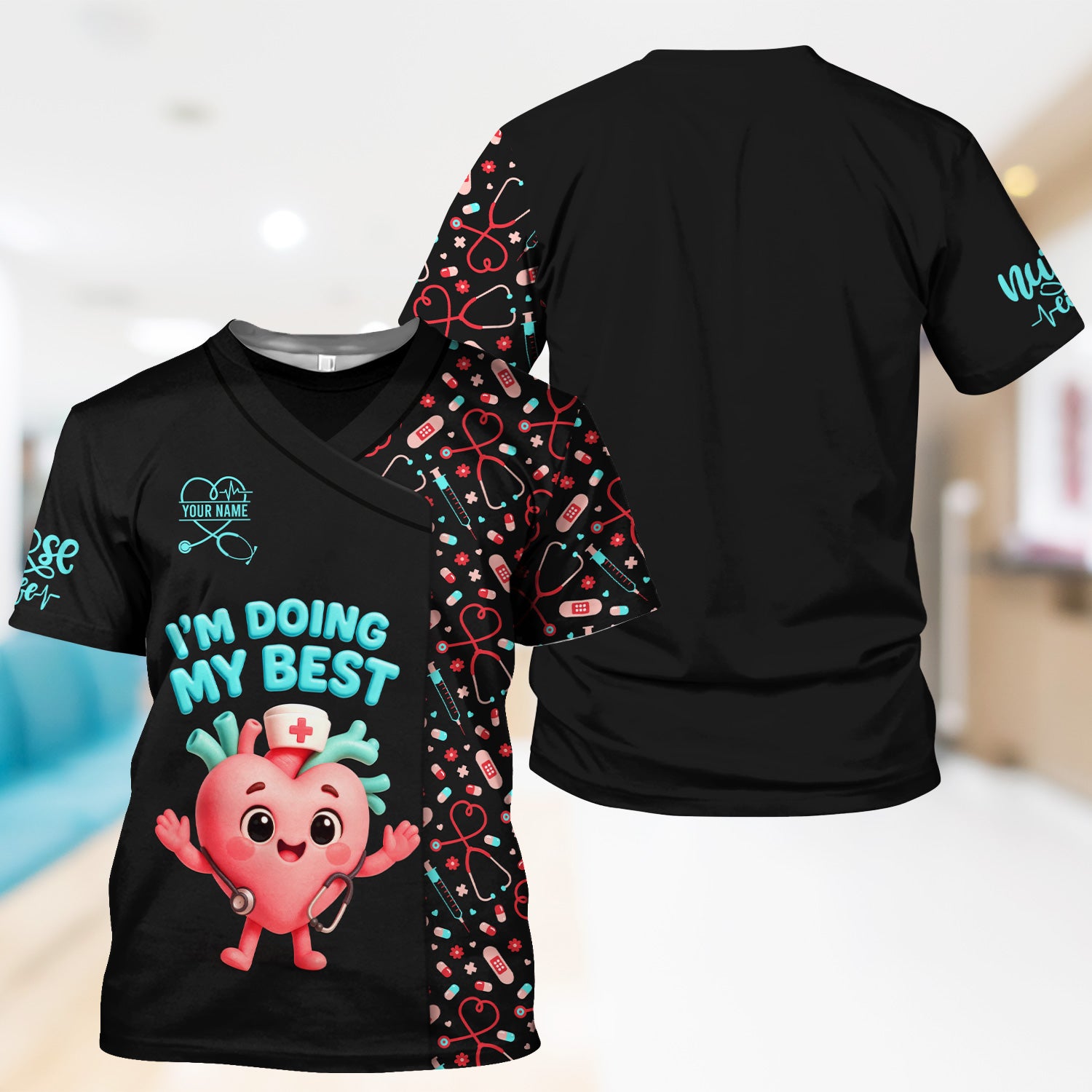 Funny Custom Nurse Scrub Top with Heart - I'm Doing My Best Quote & Cute Medical Icons - Personalized Gift for RN, LPN, CNA