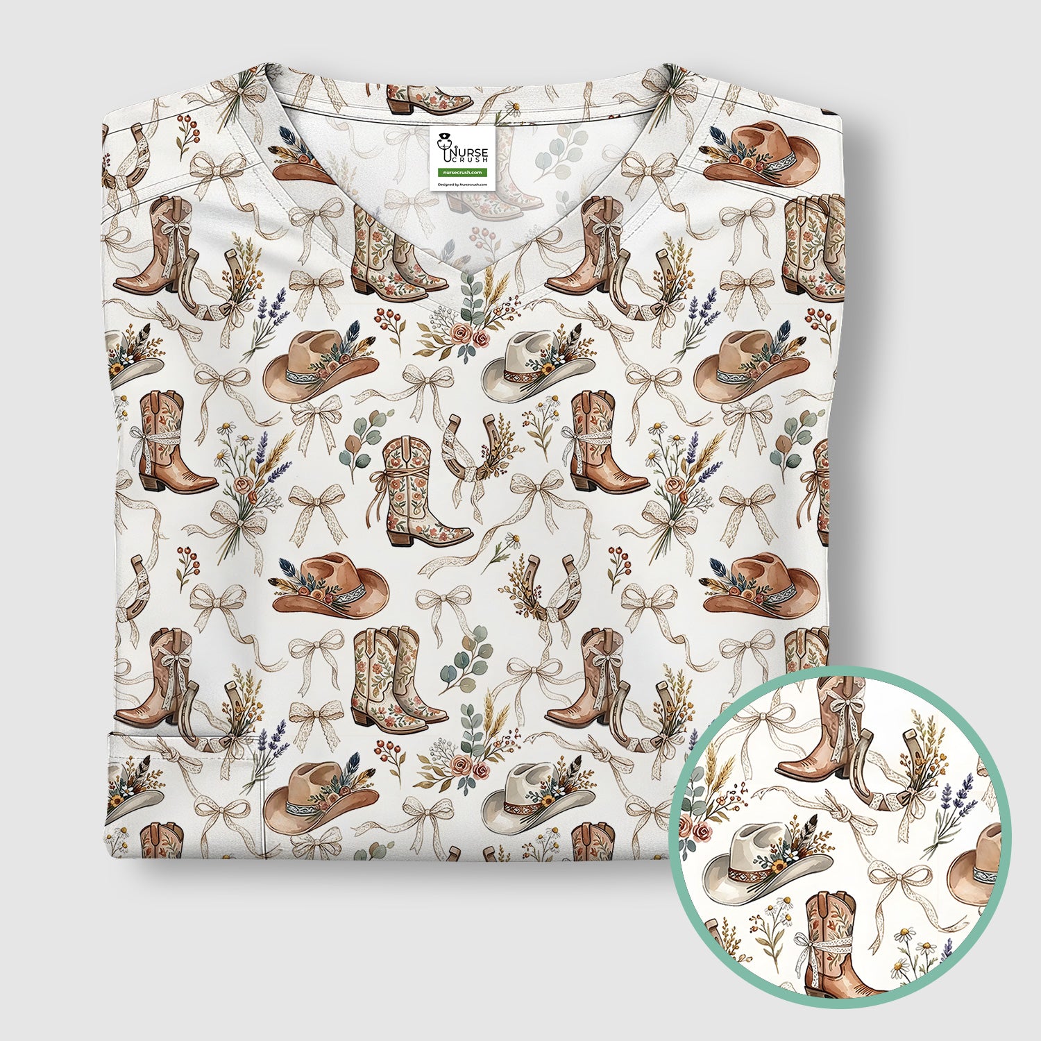 Western Cowboy Boots Hat Floral Pattern Scrub Top, Comfortable Scrubs for Nurses