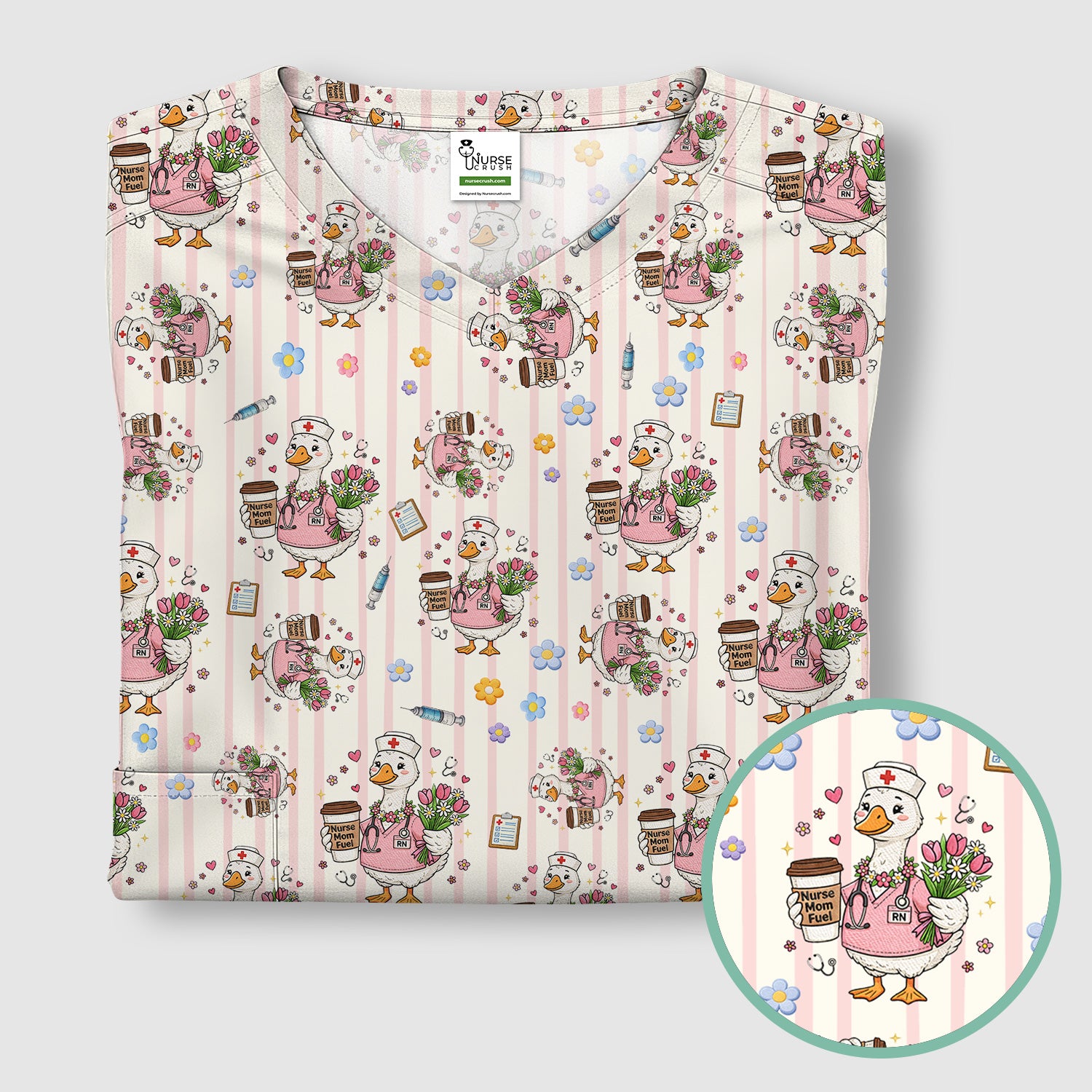 Cartoon Nurse Goose Pattern Scrub Top, Comfortable Scrubs for Nurses