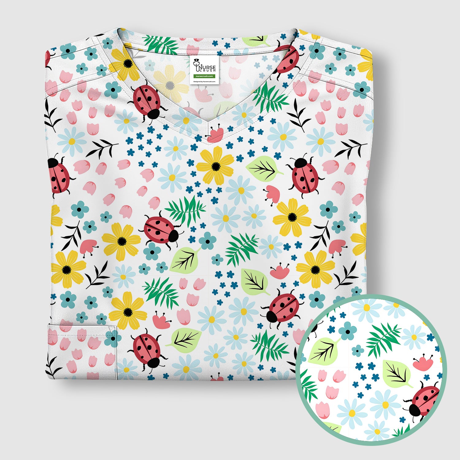 Cute Ladybug Floral Garden Print Scrub Top, Comfortable Scrubs for Nurses