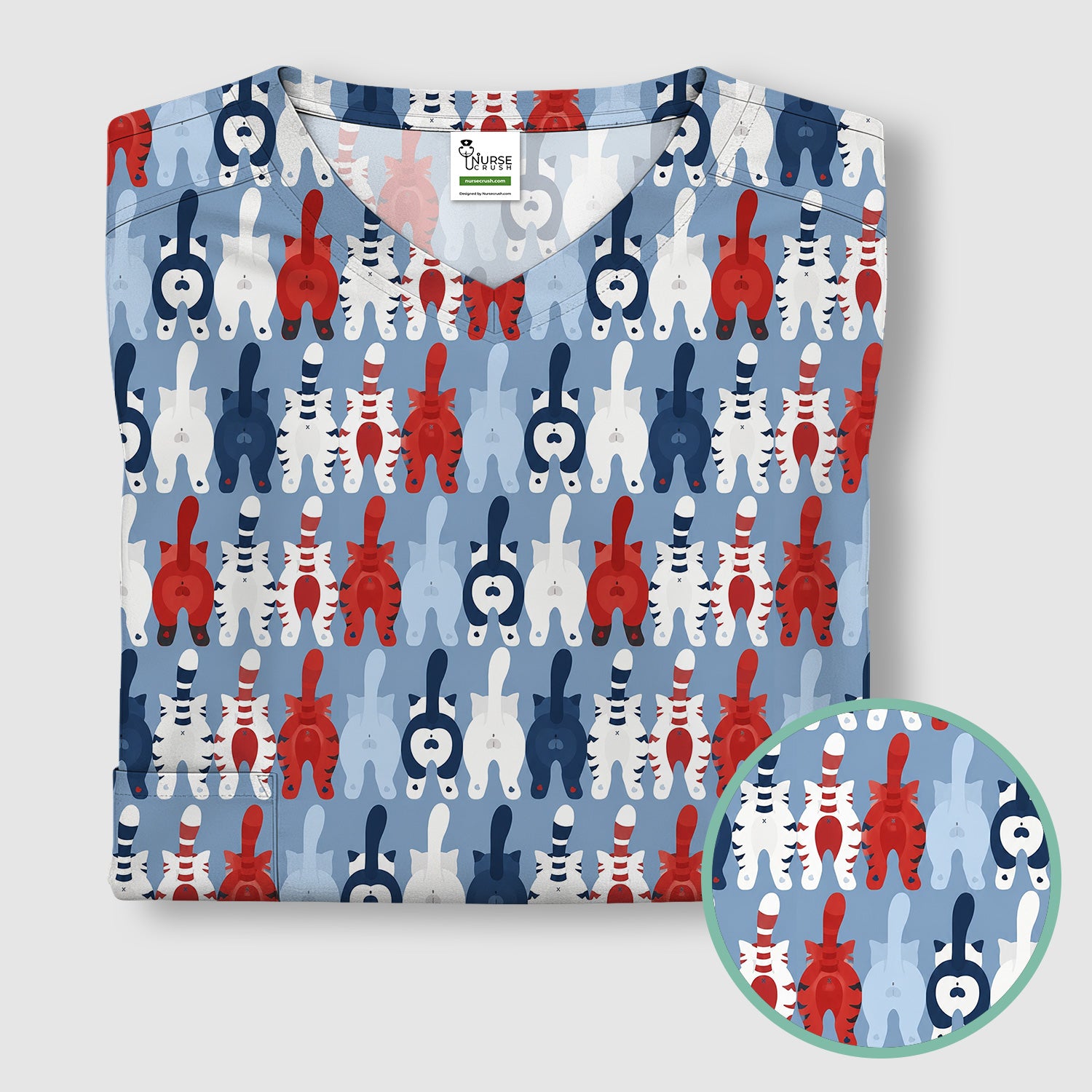 Colorful Patriotic Cat Tail Pattern Scrub Top, Comfortable Scrubs for Nurses