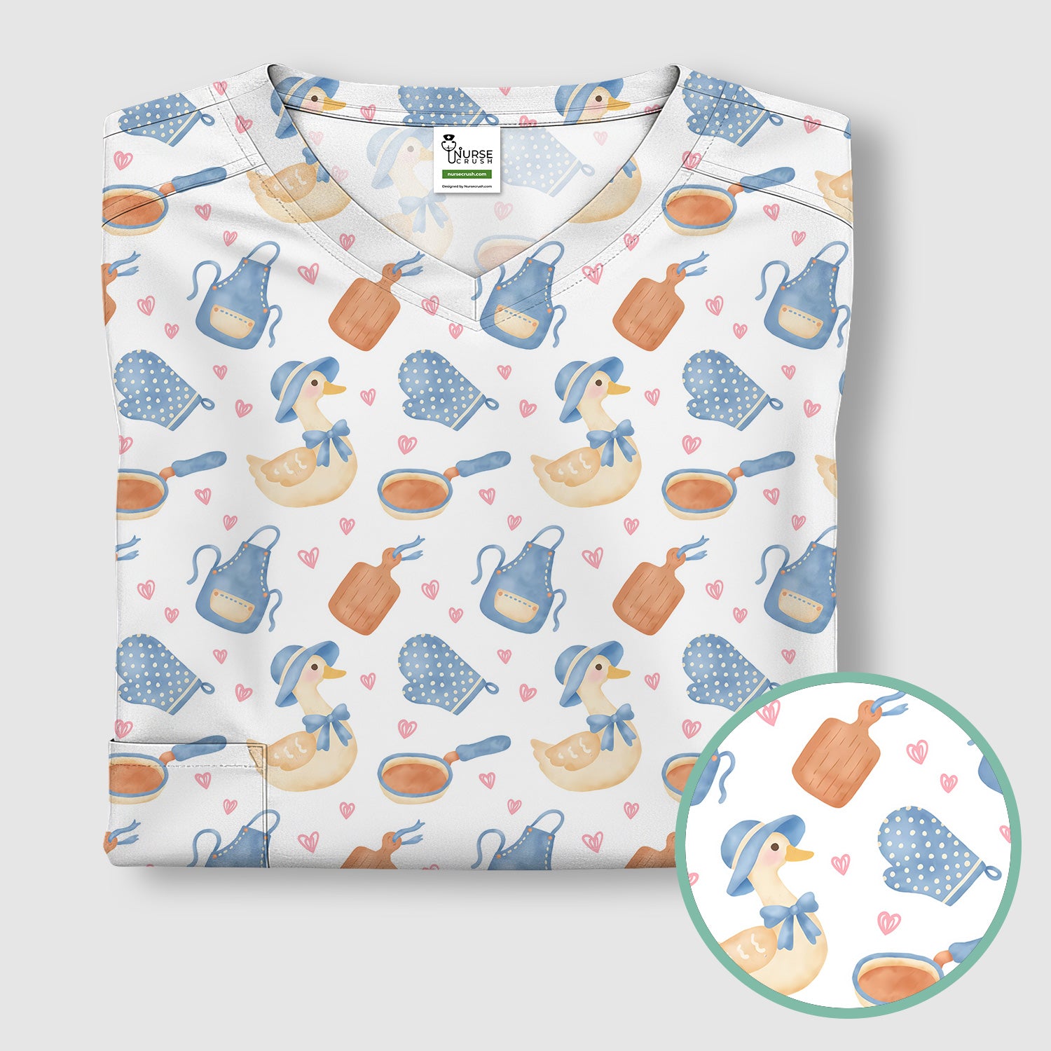 Duck Apron Kitchen Utensil Heart Pattern Scrub Top, Comfortable Scrubs for Nurses