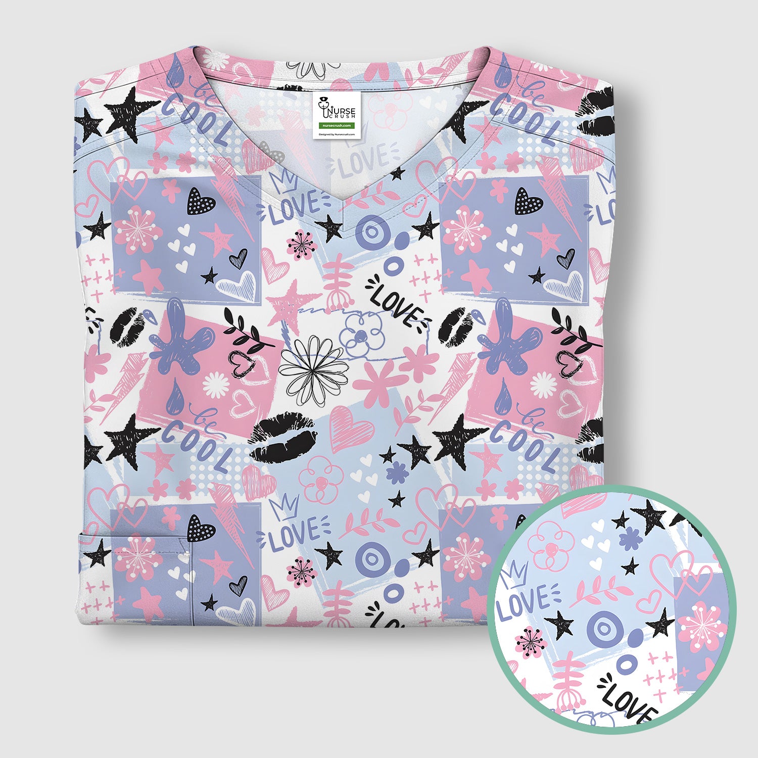 Cute Love Hearts Doodle Print Scrub Top, Comfortable Scrubs for Nurses