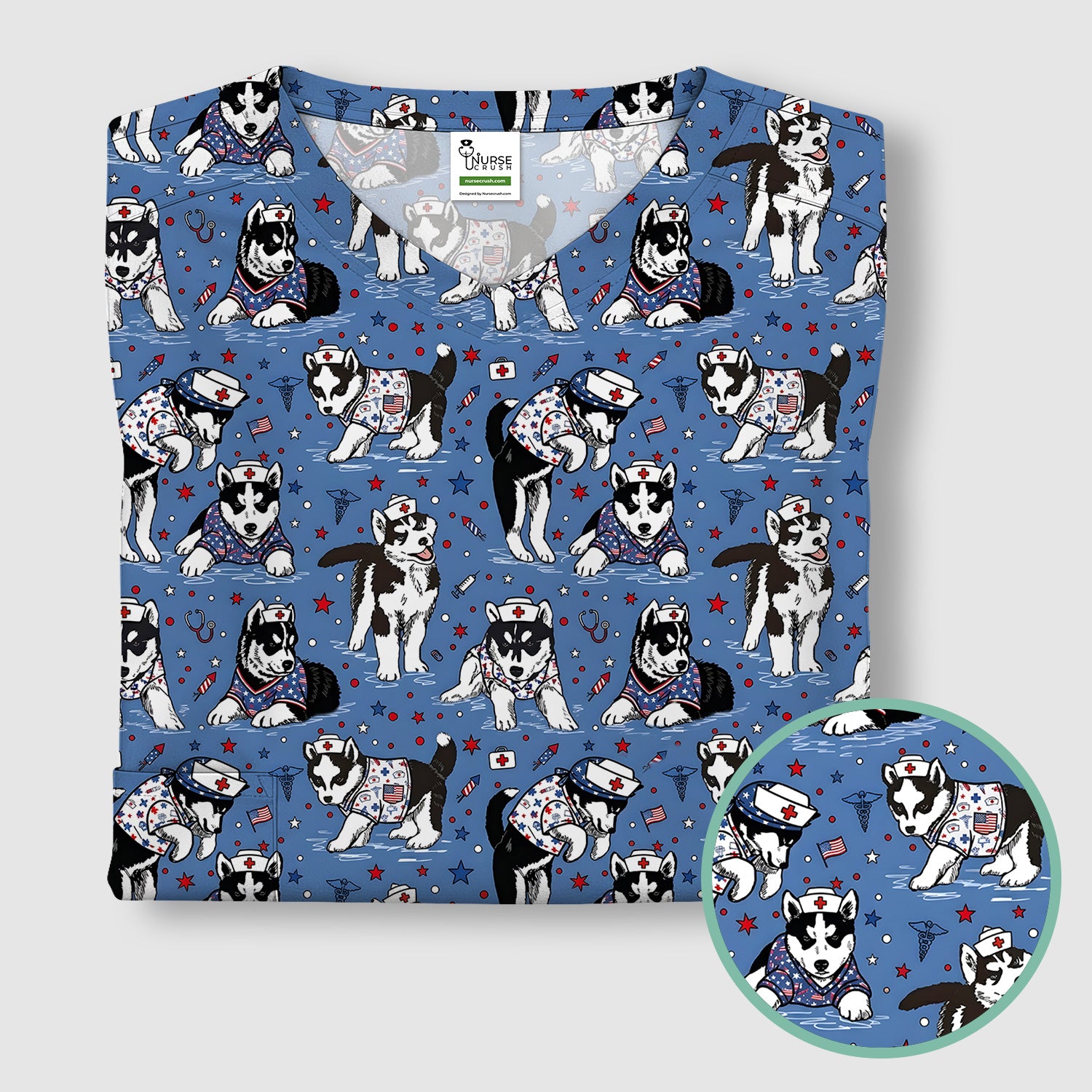 Cute Nurse Husky Dog Medical Pattern Scrub Top, Comfortable Scrubs for Nurses