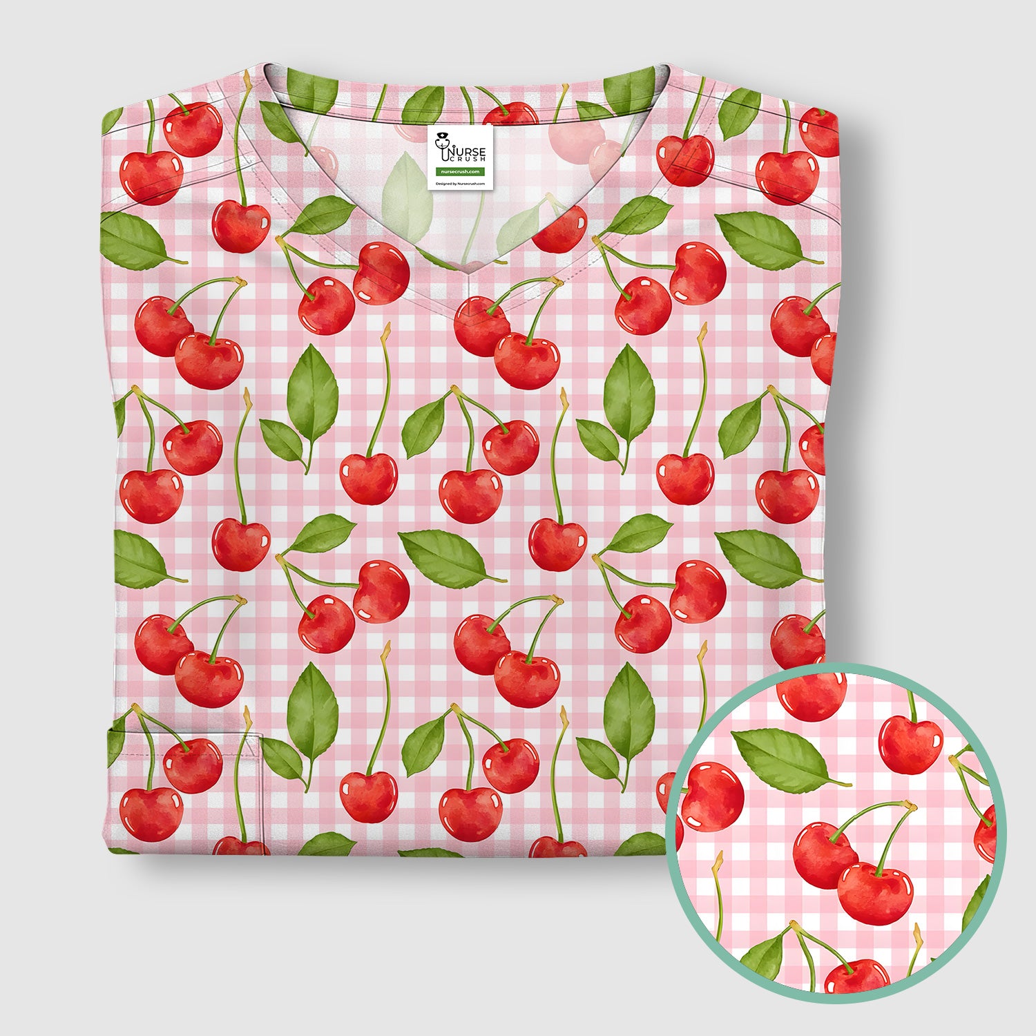 Sweet Red Cherry Gingham Pattern Scrub Top, Comfortable Scrubs for Nurses