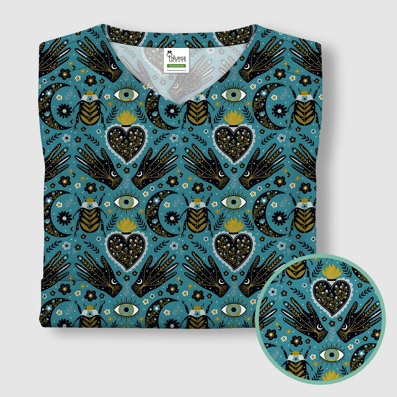 Mystic Celestial Heart & Evil Eye Pattern Scrub Top, Breathable Fabrics Nursing Uniform