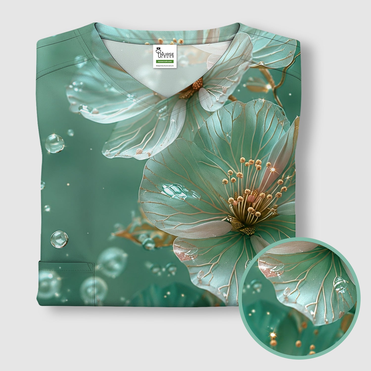 Elegant Mint Blossom Dewdrop Pattern Scrub Top, Comfortable Scrubs for Nurses