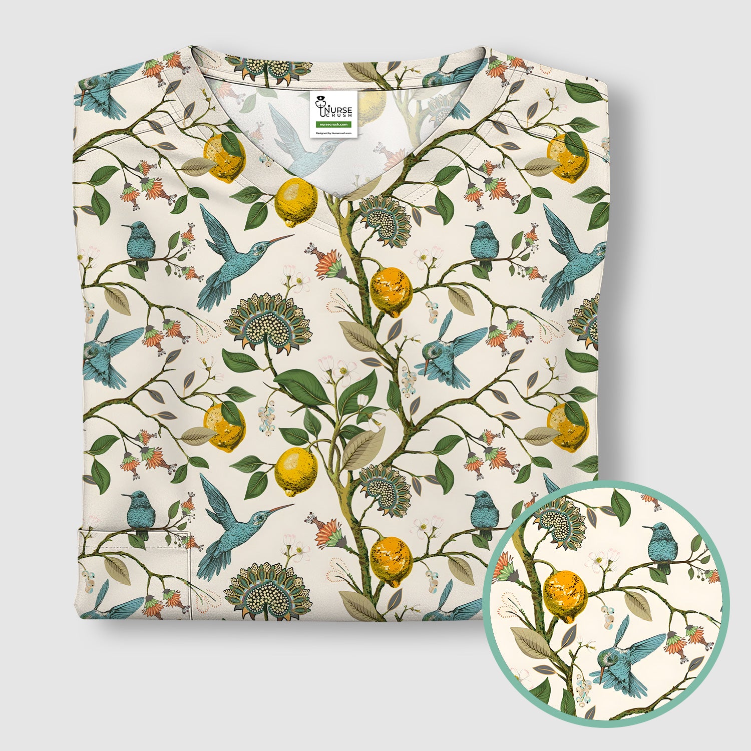 Cute Hummingbird Lemon Floral Pattern Scrub Top, Comfortable Scrubs for Nurses