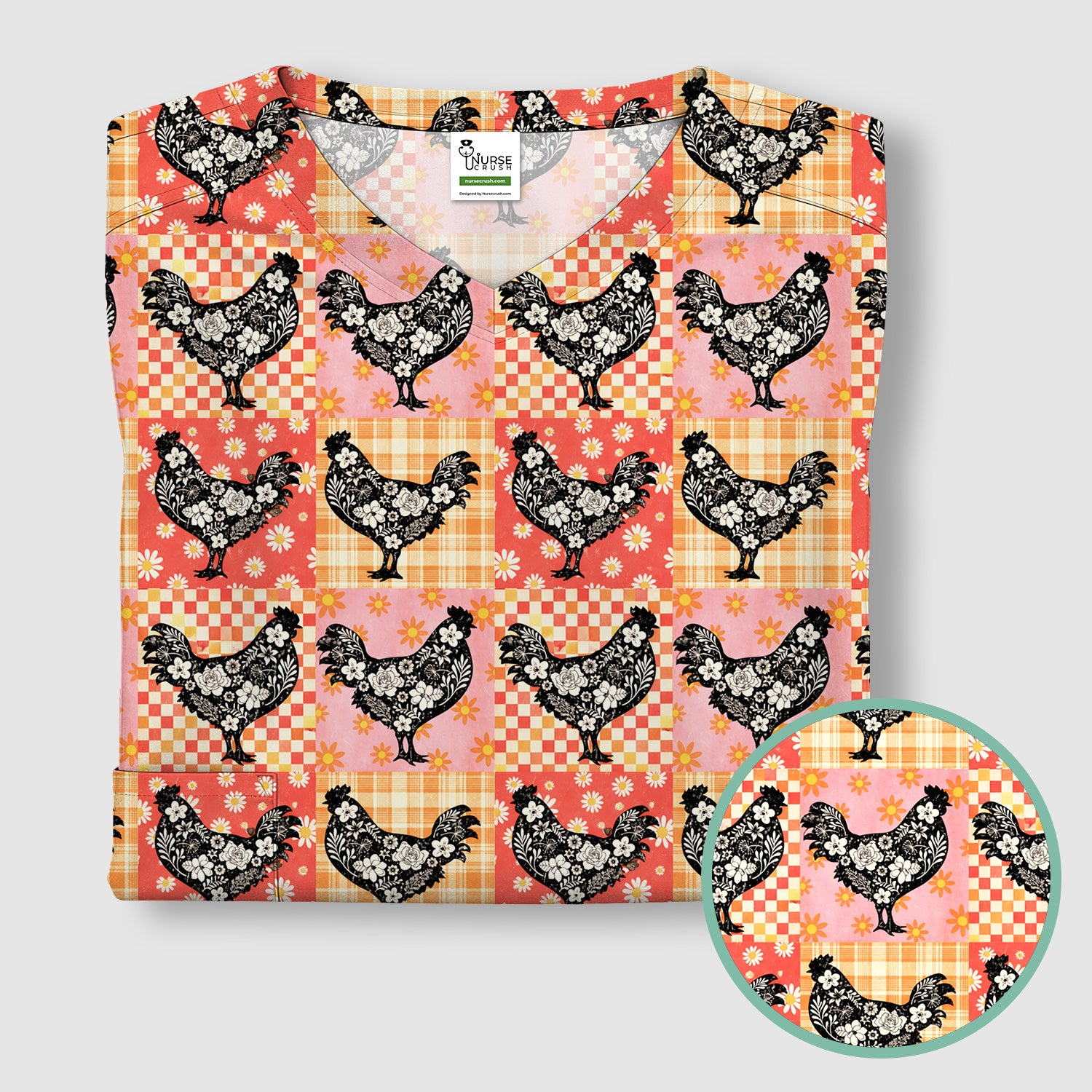 Cute Floral Chicken Patchwork Print Scrub Top, Comfortable Scrubs For Nurses
