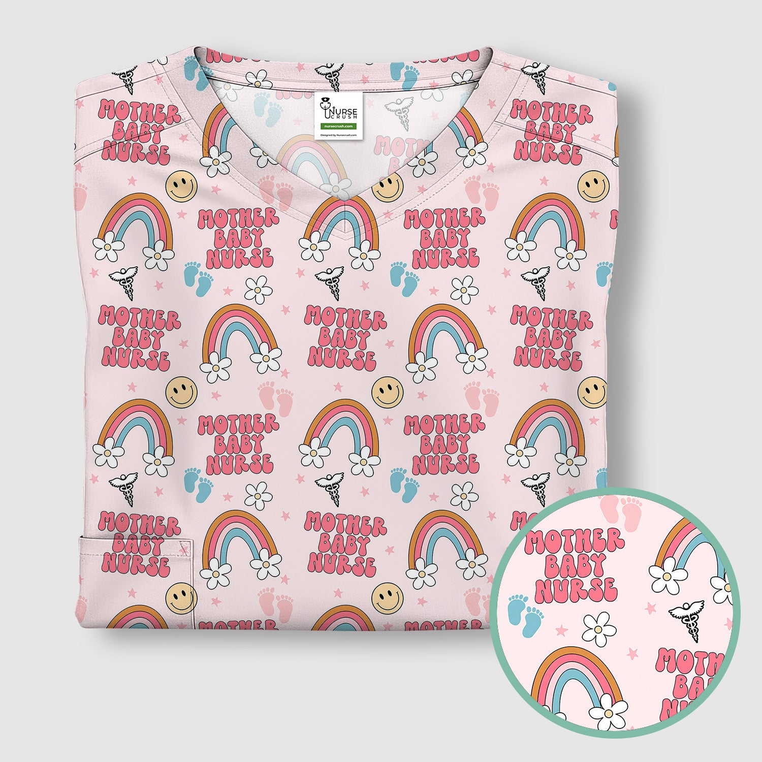 Sweet Mother Baby Nurse Rainbow Pattern Scrub Top, Comfortable Scrubs for Nurses