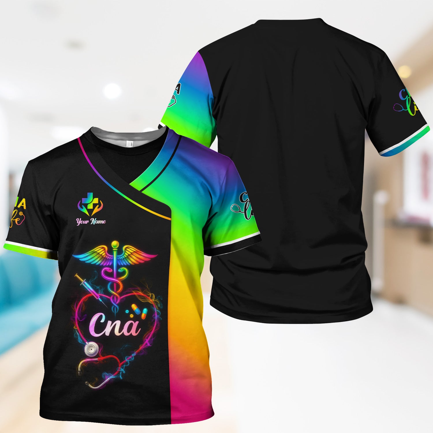 Personalized CNA Scrubs Shirt - Rainbow Medical Nurse Top for Healthcare Workers - Gift for RN LPN Healthcare Workers