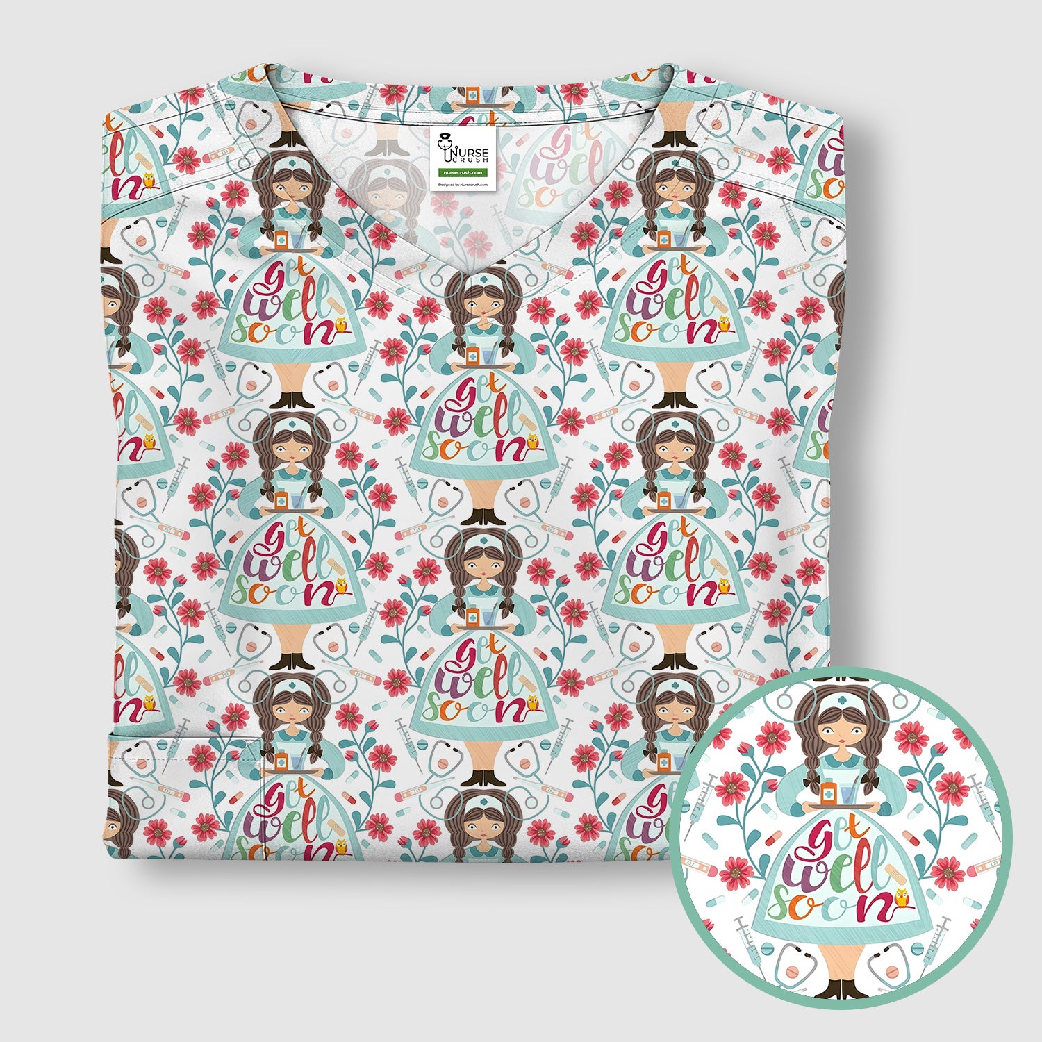 Get Well Soon Girl Floral Caring Pattern Scrub Top, Comfortable Scrubs for Nurses