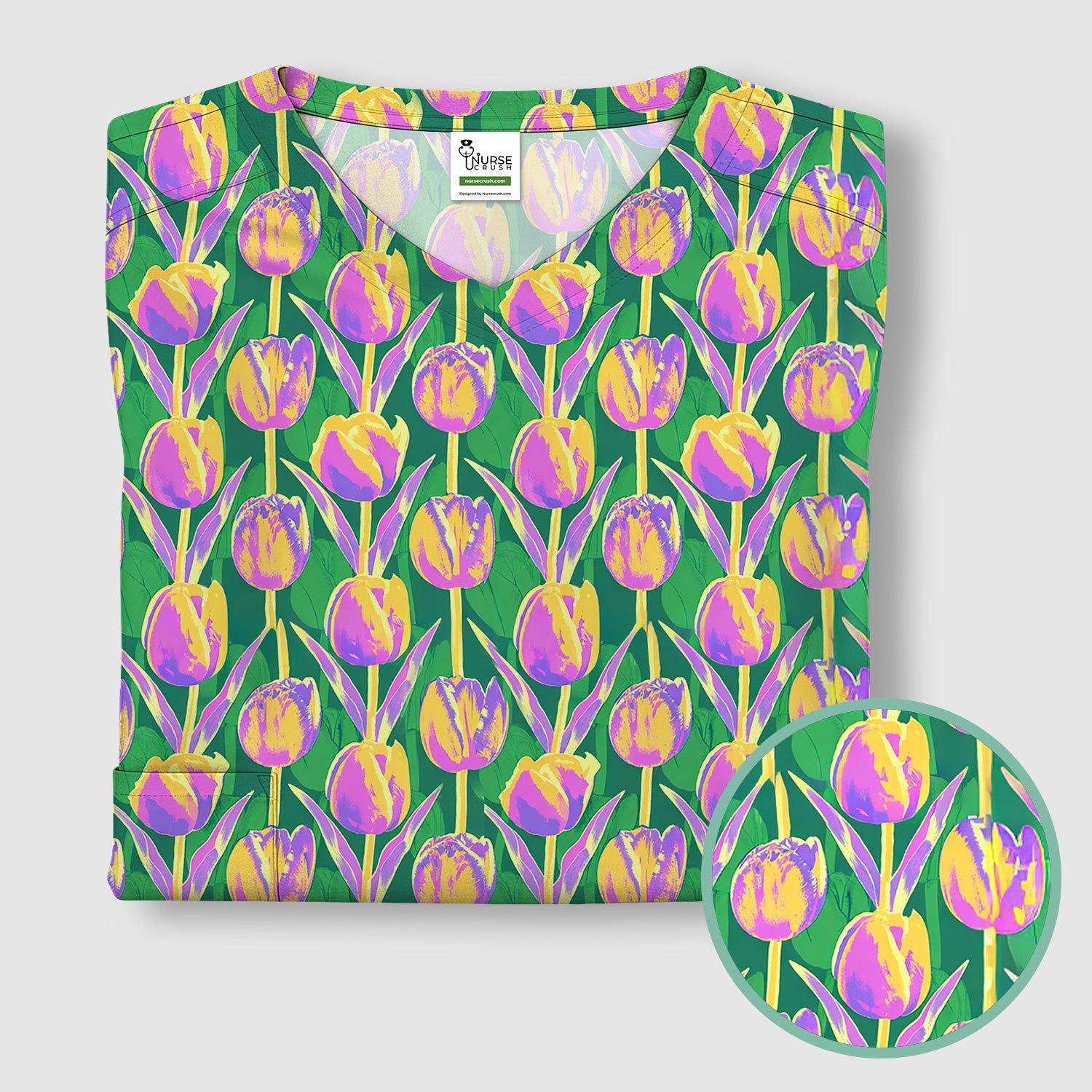 Colorful Tulip Floral Pattern Scrub Top, Breathable Fabrics Nursing Uniform