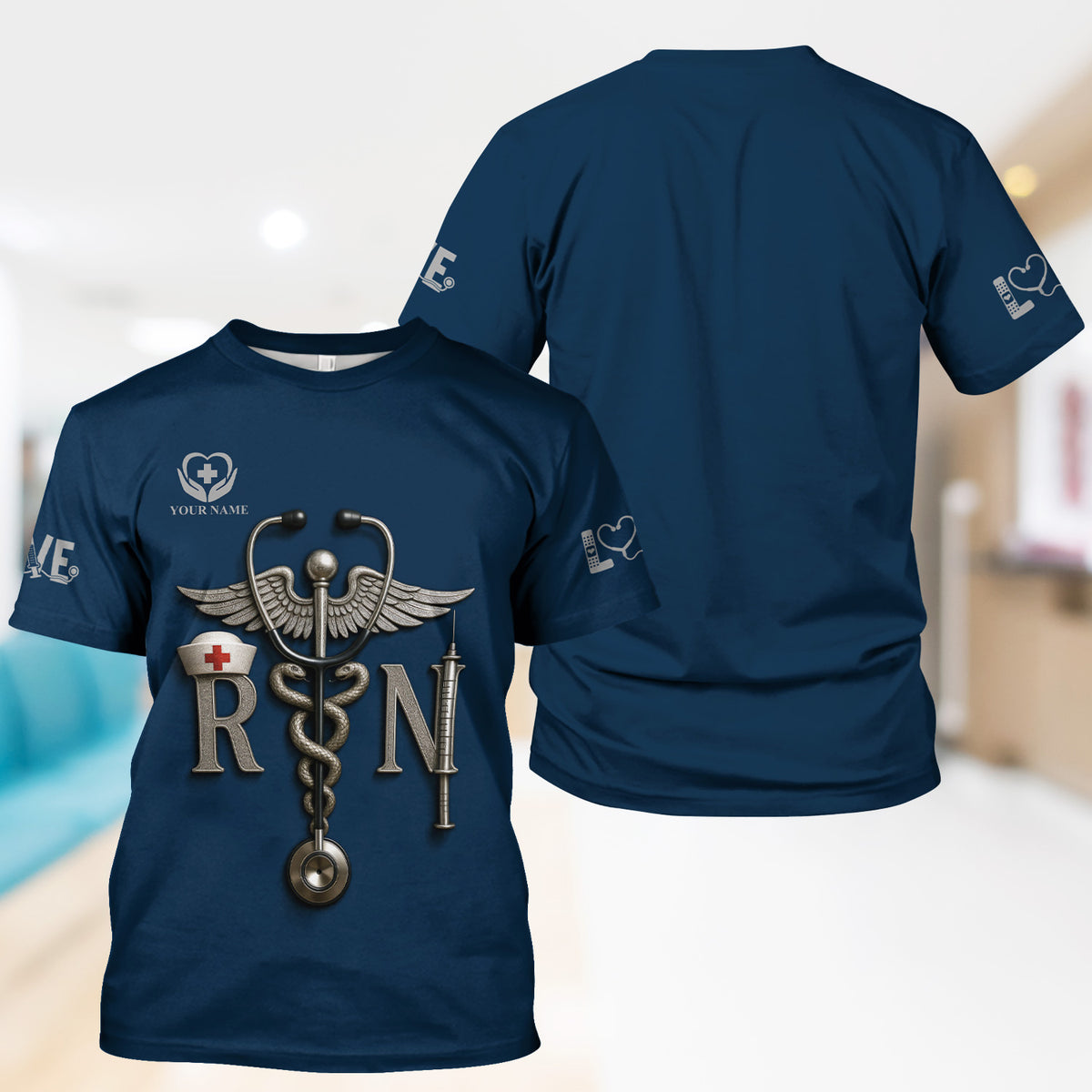 Personalized RN Nurse Shirt - Caduceus & Syringe Graphic - Custom Gift with Multiple Color Options for CNA LPN Medical Staff