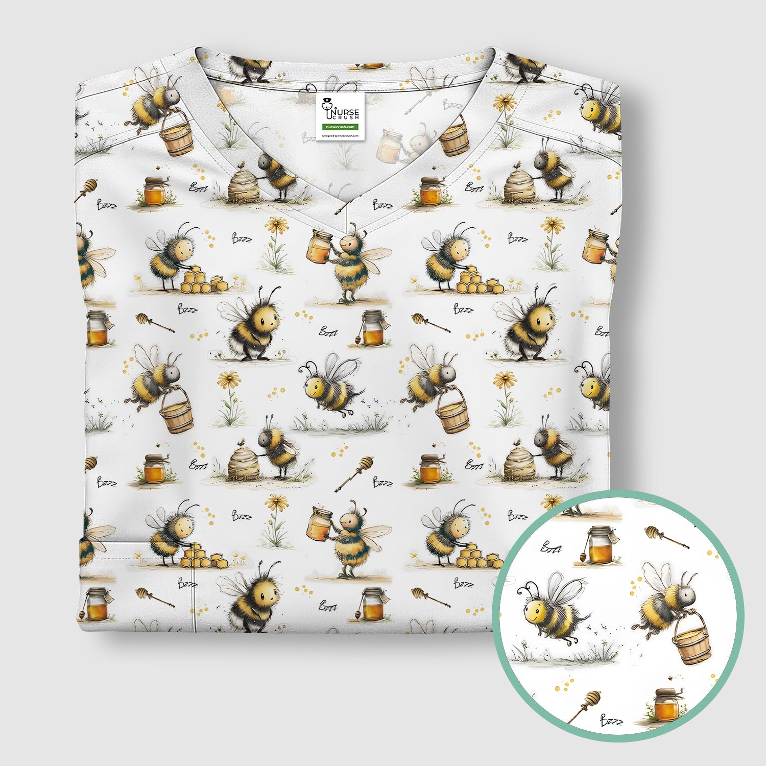 Cute Honey Bee Jar Garden Pattern Scrub Top, Comfortable Scrubs for Nurses