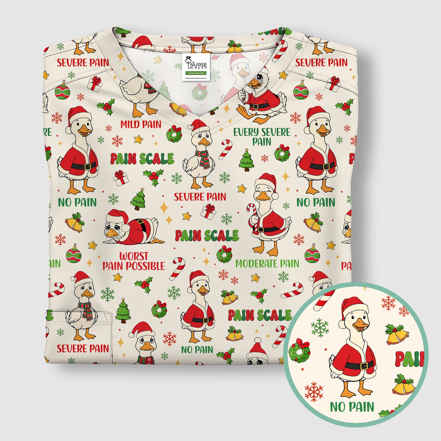 Funny Goose Christmas Scrub Top - Pain Scale Nurse Pattern Shirt - Cute Holiday Medical Scrubs for Women