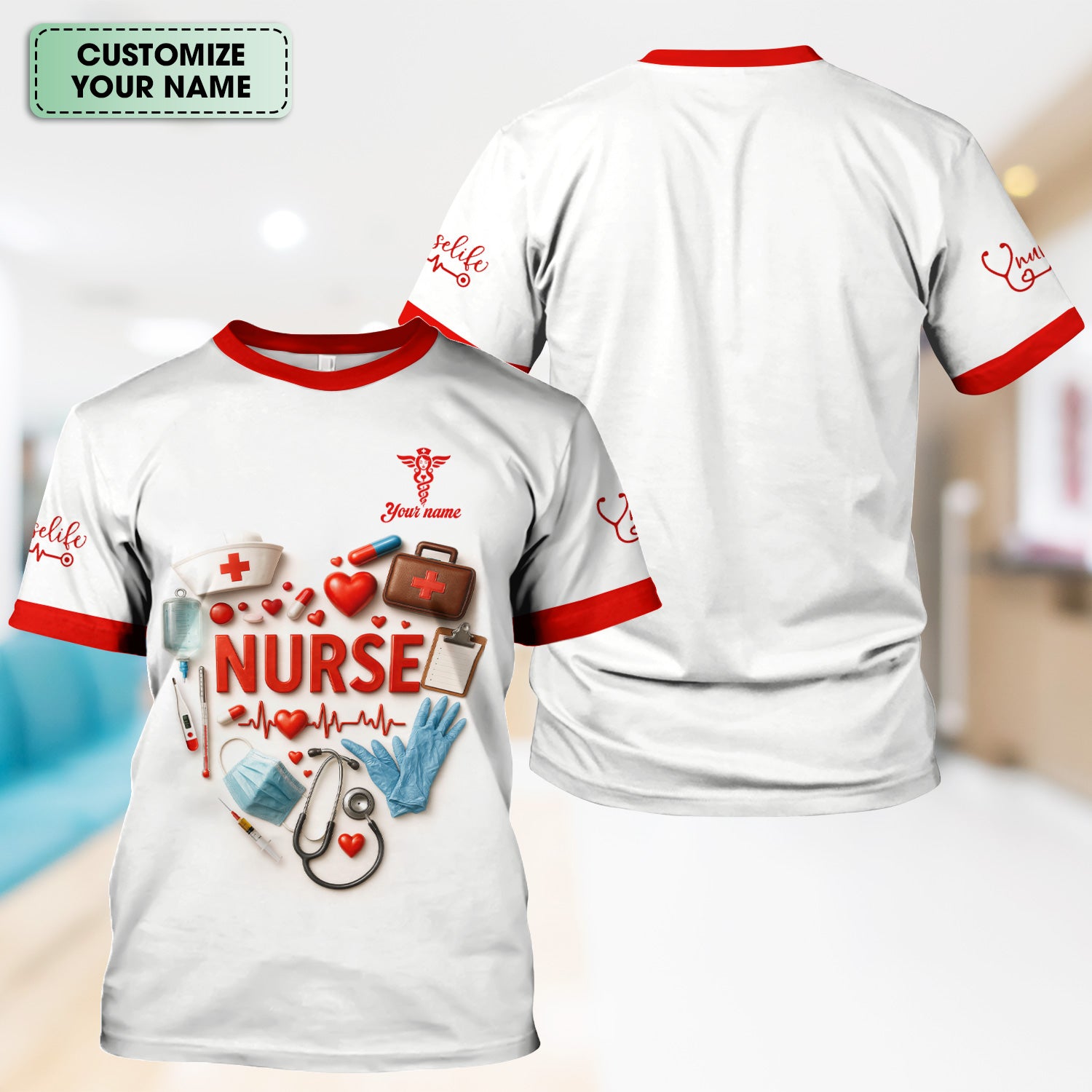 Custom Nurse Scrubs - Medical Tools & Heartbeat Graphic - Personalized Scrubs for RN CNA LPN Healthcare Workers