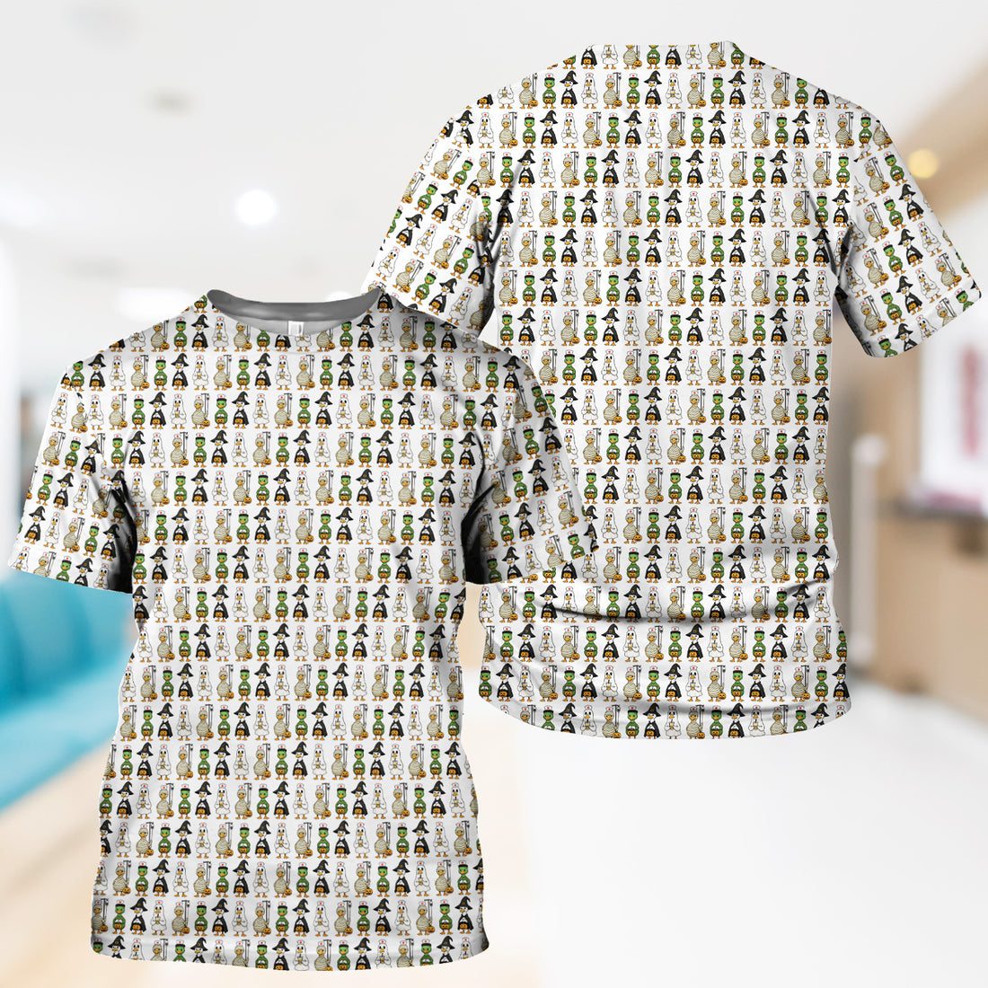Funny Nurse Halloween T-Shirt - Cute Duck in Halloween Costumes Pattern Design - Gift for Women RN LPN & Healthcare Workers