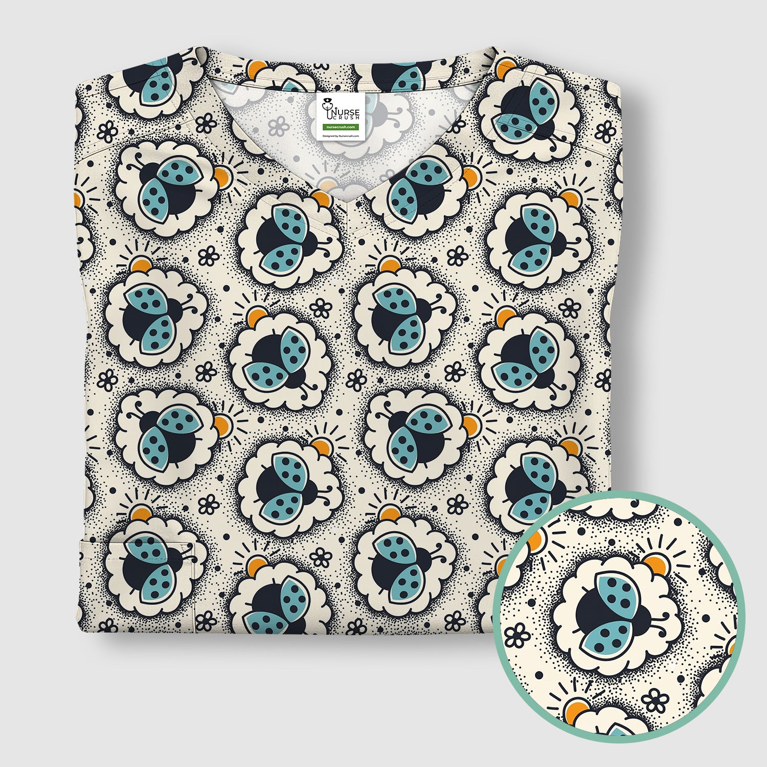 Cute Ladybug in Floral Frame Pattern Scrub Top, Breathable Fabrics Nursing Uniform