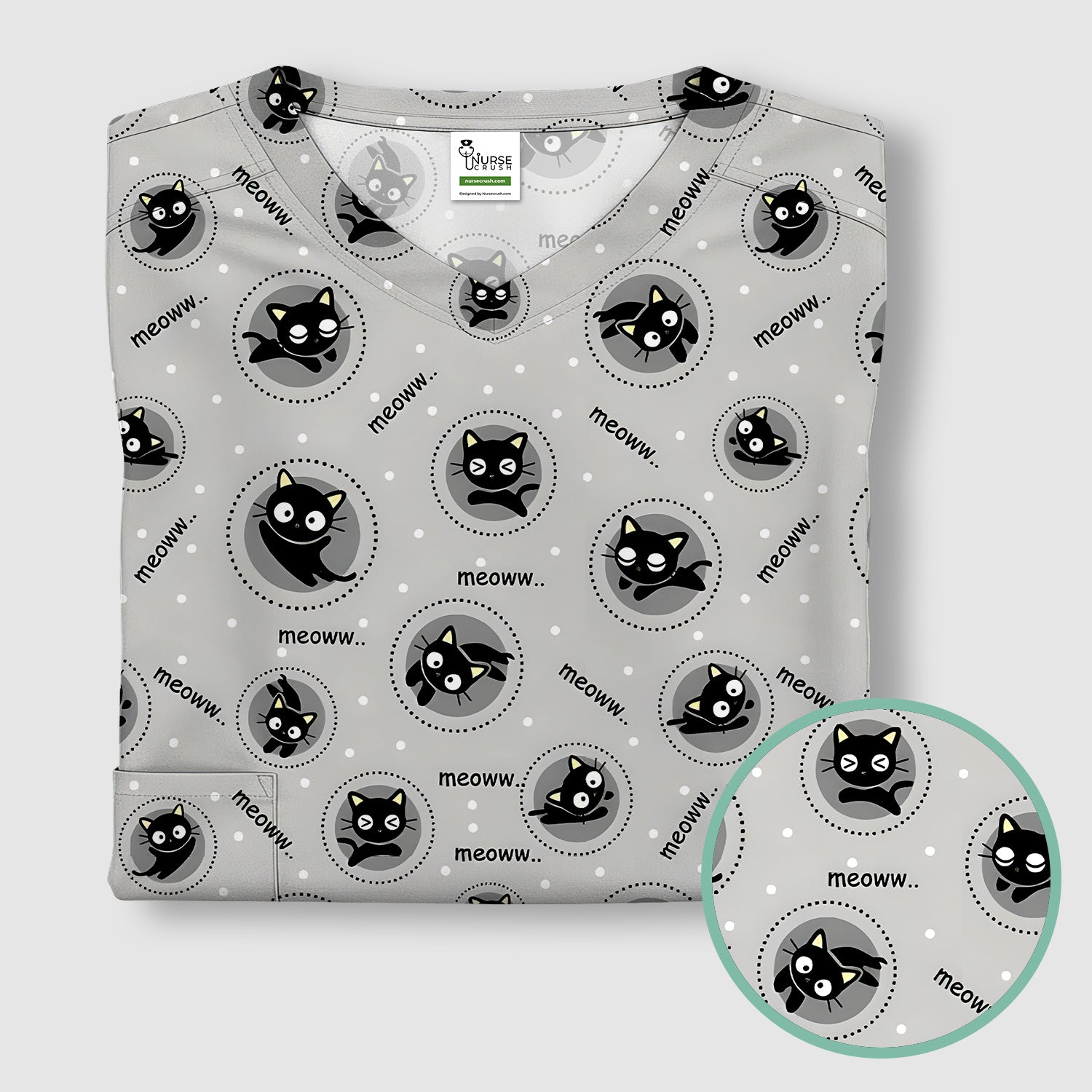Funny Black Cat Meow Pattern Scrub Top, Comfortable Scrubs for Nurses