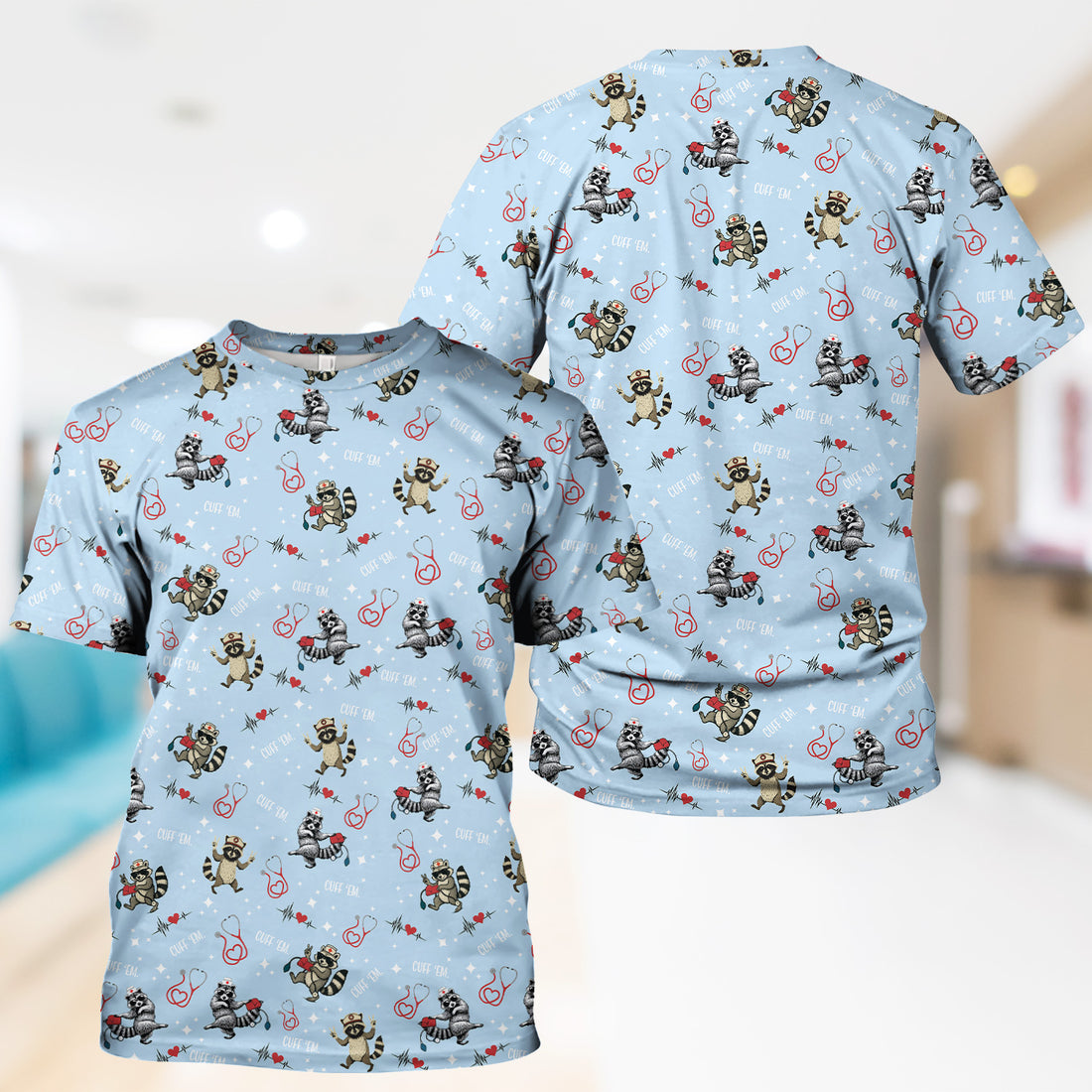 Cuff ‘Em Raccoon Nurse Shirt - Funny Medical Scrub T-Shirt for CNA EMT LPN - Cute All Over Print Gift for Healthcare Workers