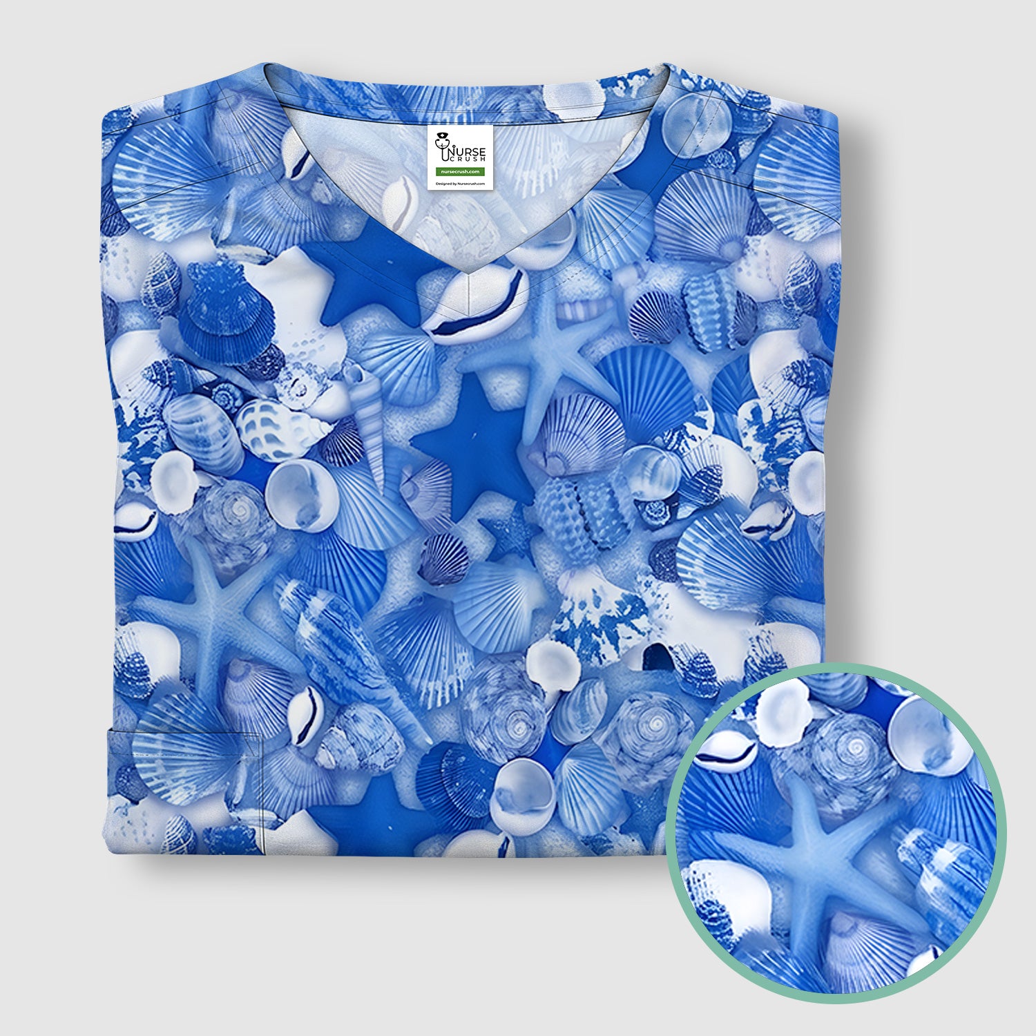 Blue Seashell Starfish Ocean Pattern Scrub Top, Comfortable Scrubs for Nurses