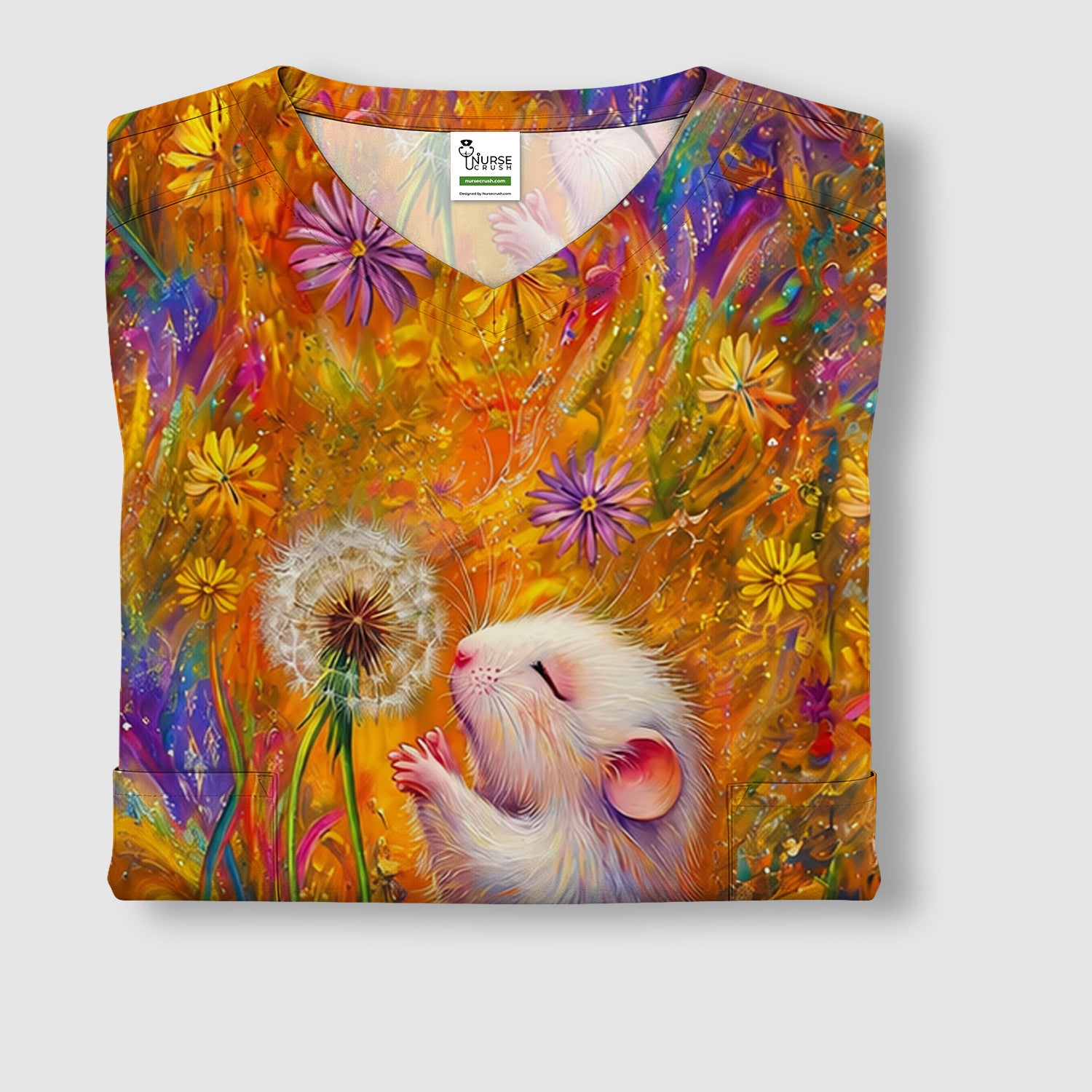Cute Whimsical Mouse Dandelion Pattern Scrub Top, Comfortable Scrubs for Nurses