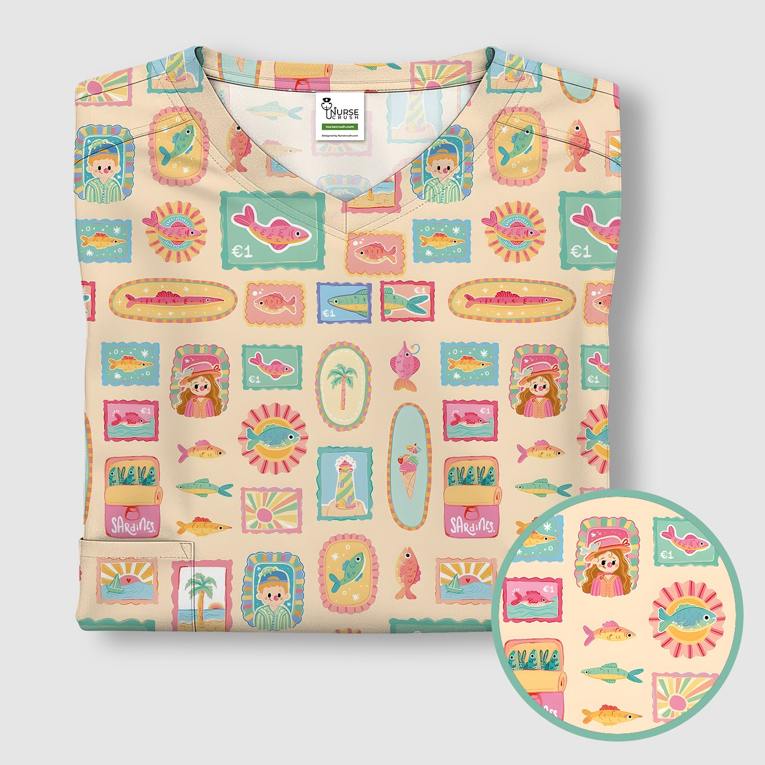 Coastal Vintage Postage Stamp Pattern Scrub Top, Comfortable Scrubs for Nurses