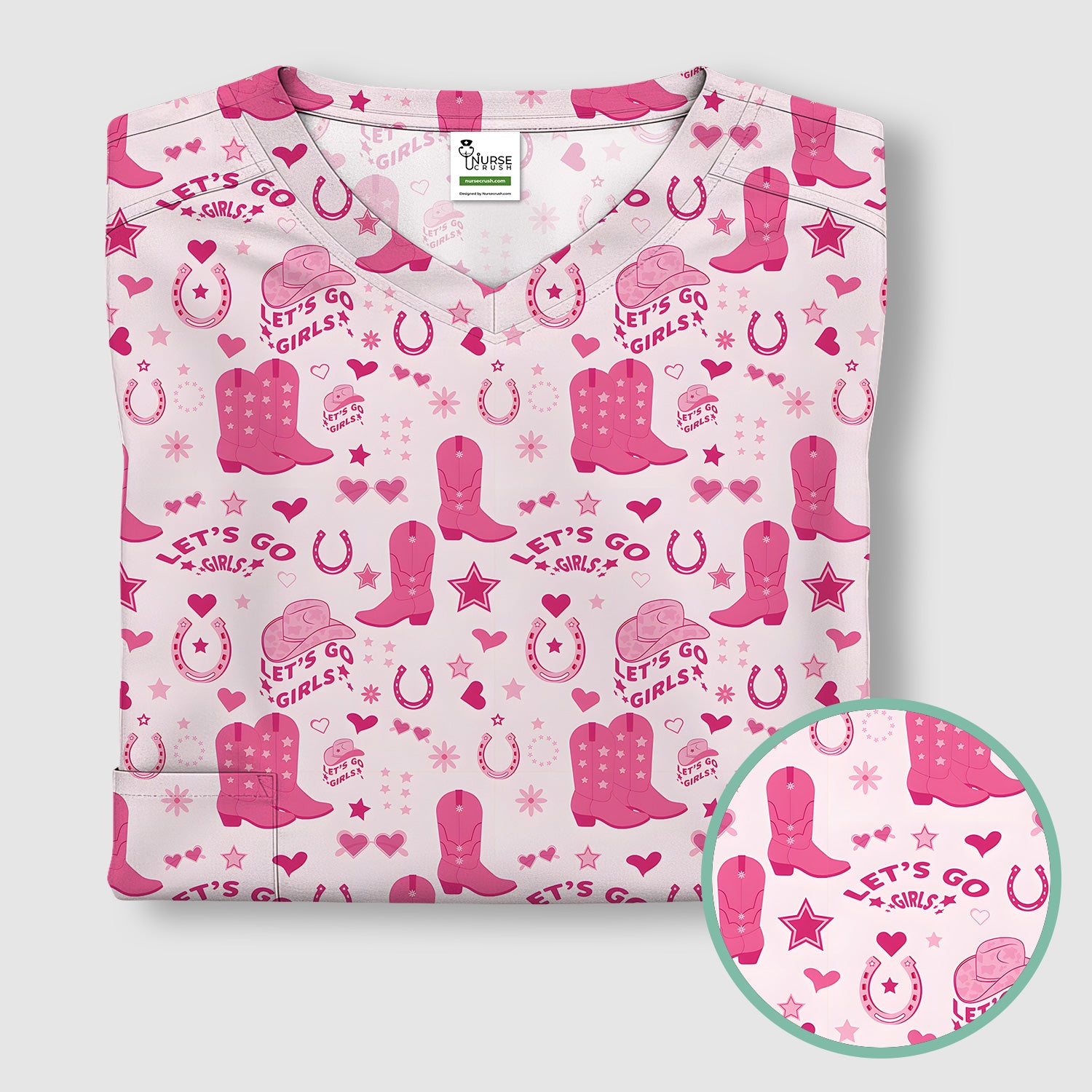Pink Cowgirl Boots Print Scrub Top, Comfortable Scrubs for Nurses