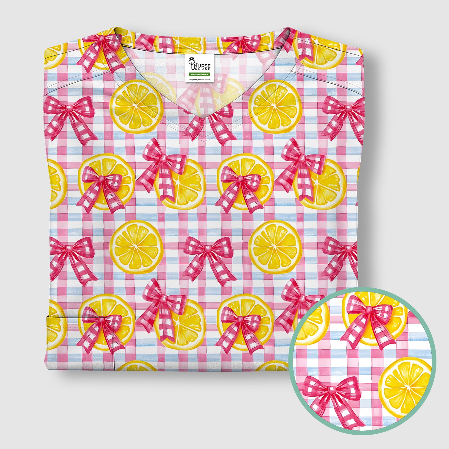 Cute Lemon Slice Pink Bow Gingham Pattern Scrub Top, Comfortable Scrubs for Nurses