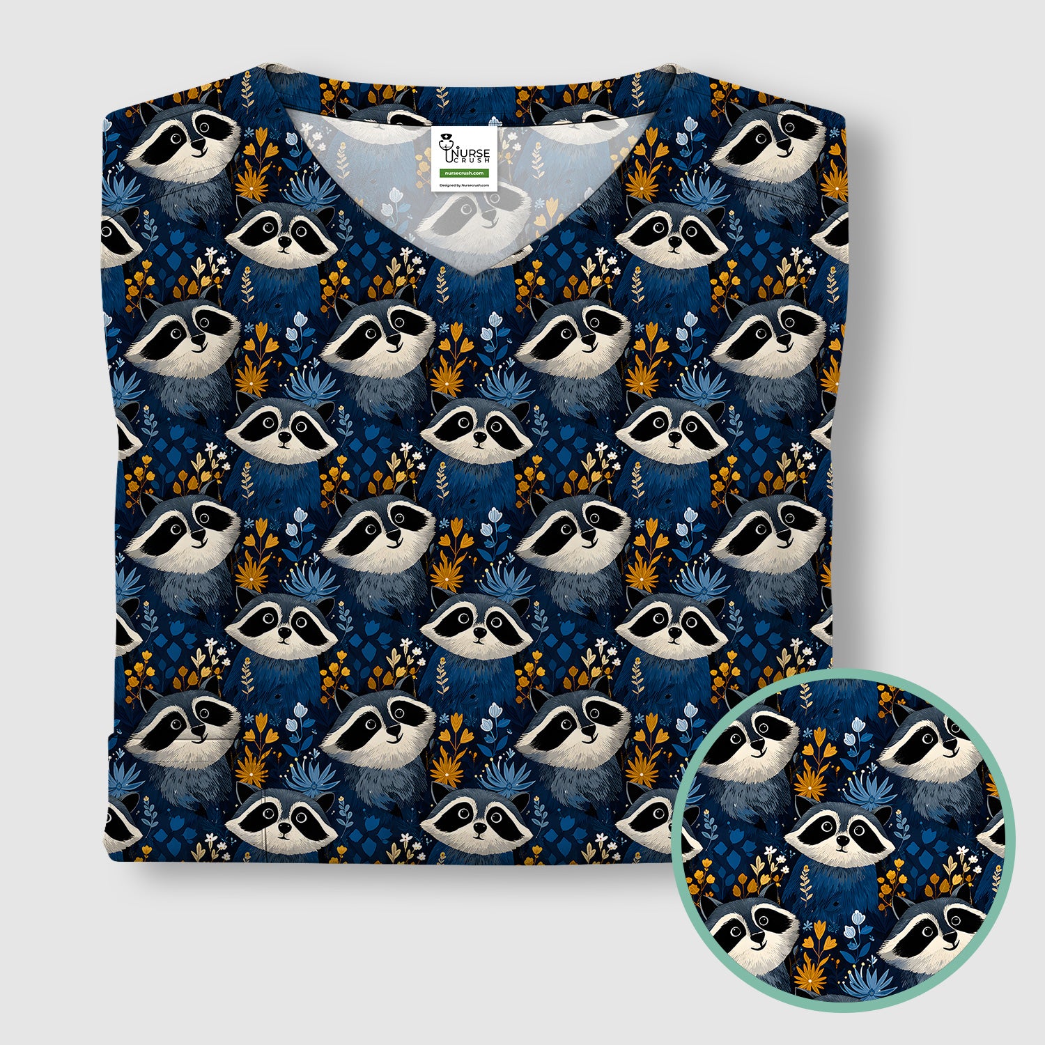 Raccoon With Blue Floral Forest Pattern Scrub Top, Breathable Fabrics Nursing Uniform