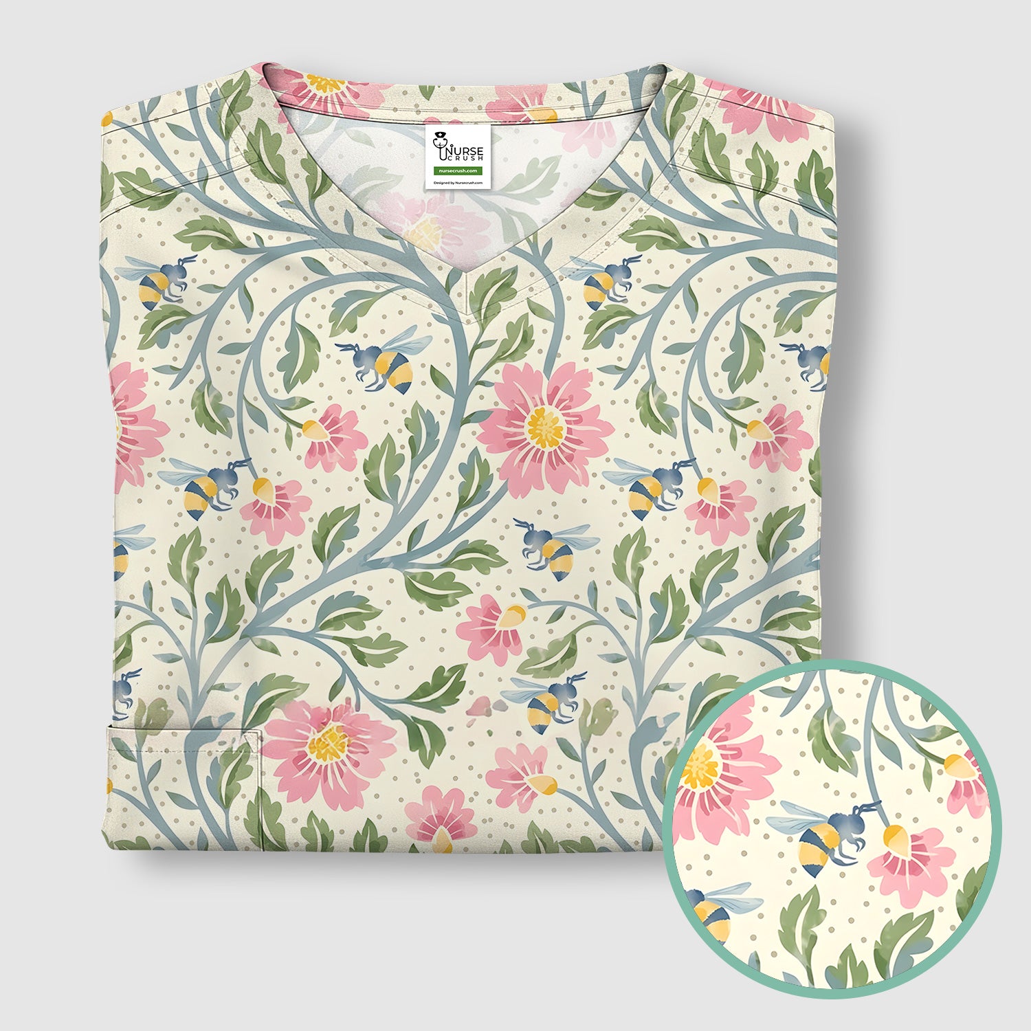 Cute Floral Bee Garden Nurse Pattern Scrub Top, Comfortable Scrubs for Nurses