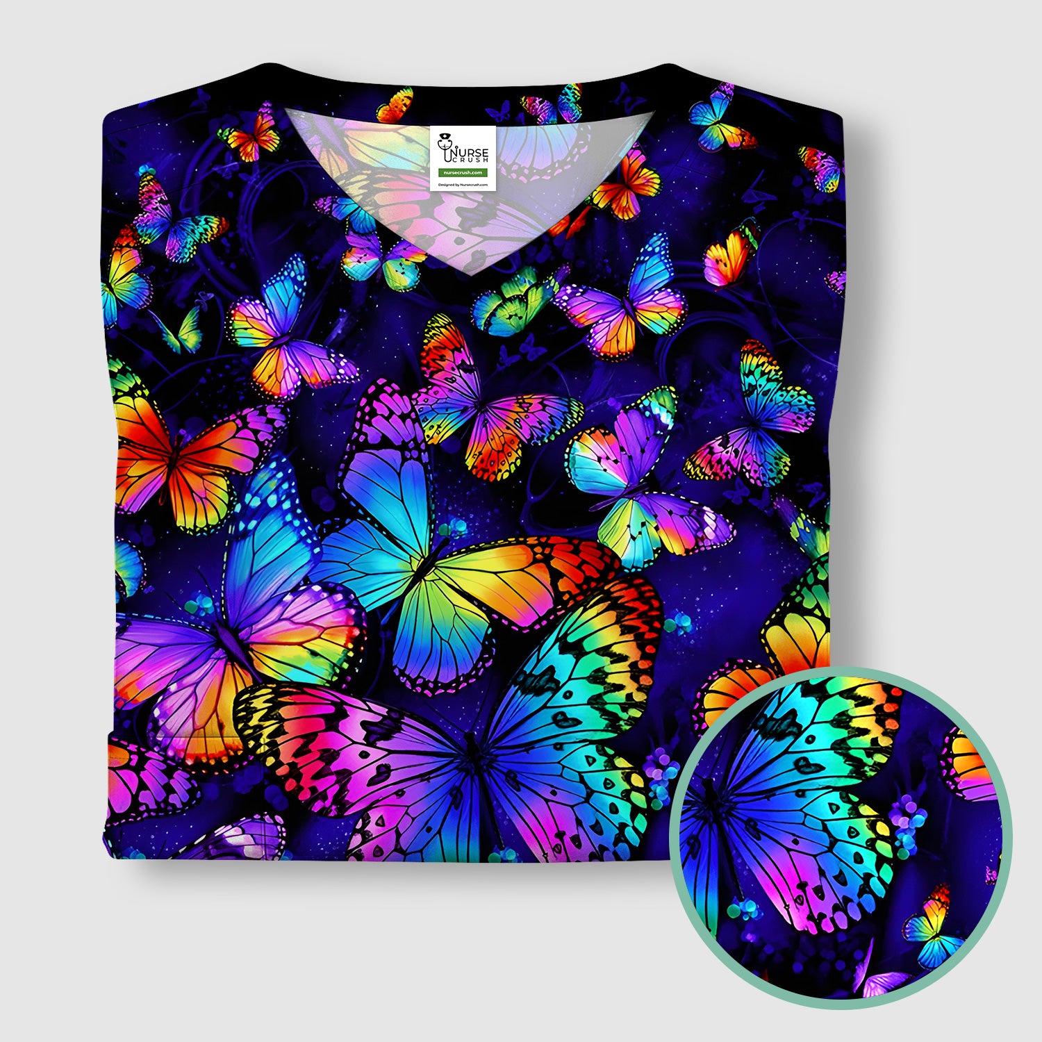 Vibrant Rainbow Butterfly Galaxy Pattern Scrub Top, Comfortable Scrubs for Nurses