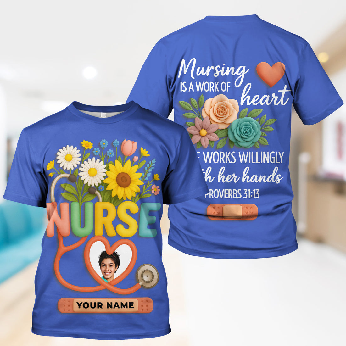 Nurse Appreciation Shirt for CNA RN LPN - Floral Heart Stethoscope Design - Custom Photo & Name Gift for Women Healthcare Workers - Multiple Shirt Colors Available