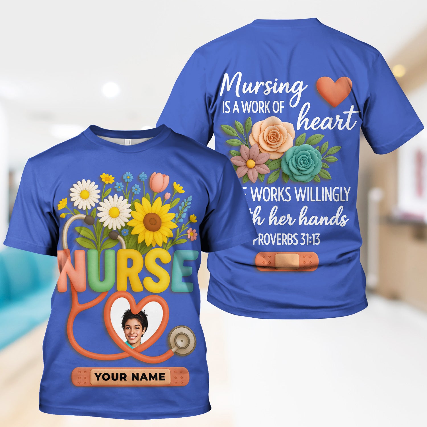 Nurse Appreciation Shirt for CNA RN LPN - Floral Heart Stethoscope Design - Custom Photo & Name Gift for Women Healthcare Workers - Multiple Shirt Colors Available