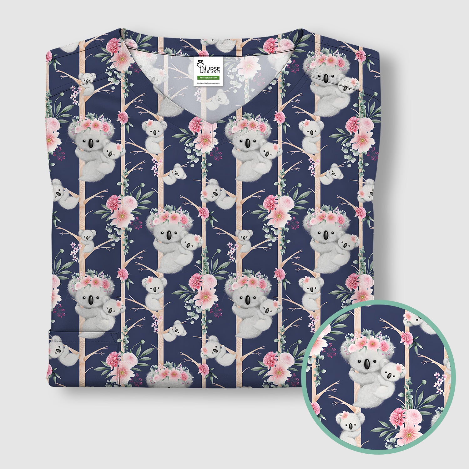 Cute Koala Climbing Tree Blossom Pattern Nurse Scrub Top, Breathable Fabrics Nursing Uniform