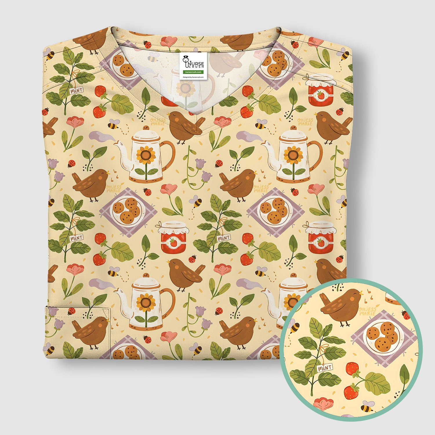 Cute Garden Tea Bird Strawberry Pattern Scrub Top, Comfortable Scrubs for Nurses