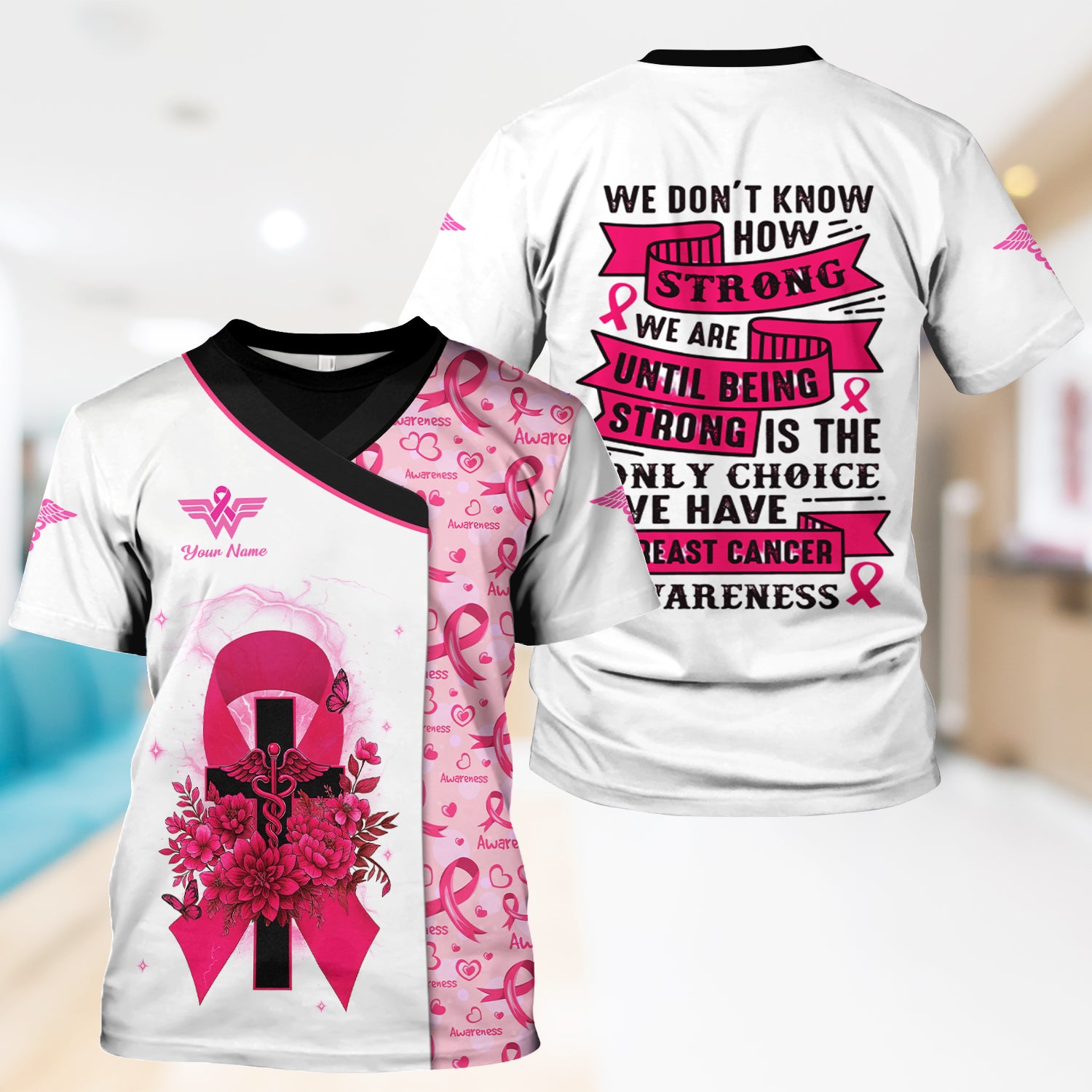 Custom Breast Cancer Warrior Shirt - Pink Ribbon Cross & Being Strong Is The Only Choice Tee - Gift for Women RN, LPN, CNA