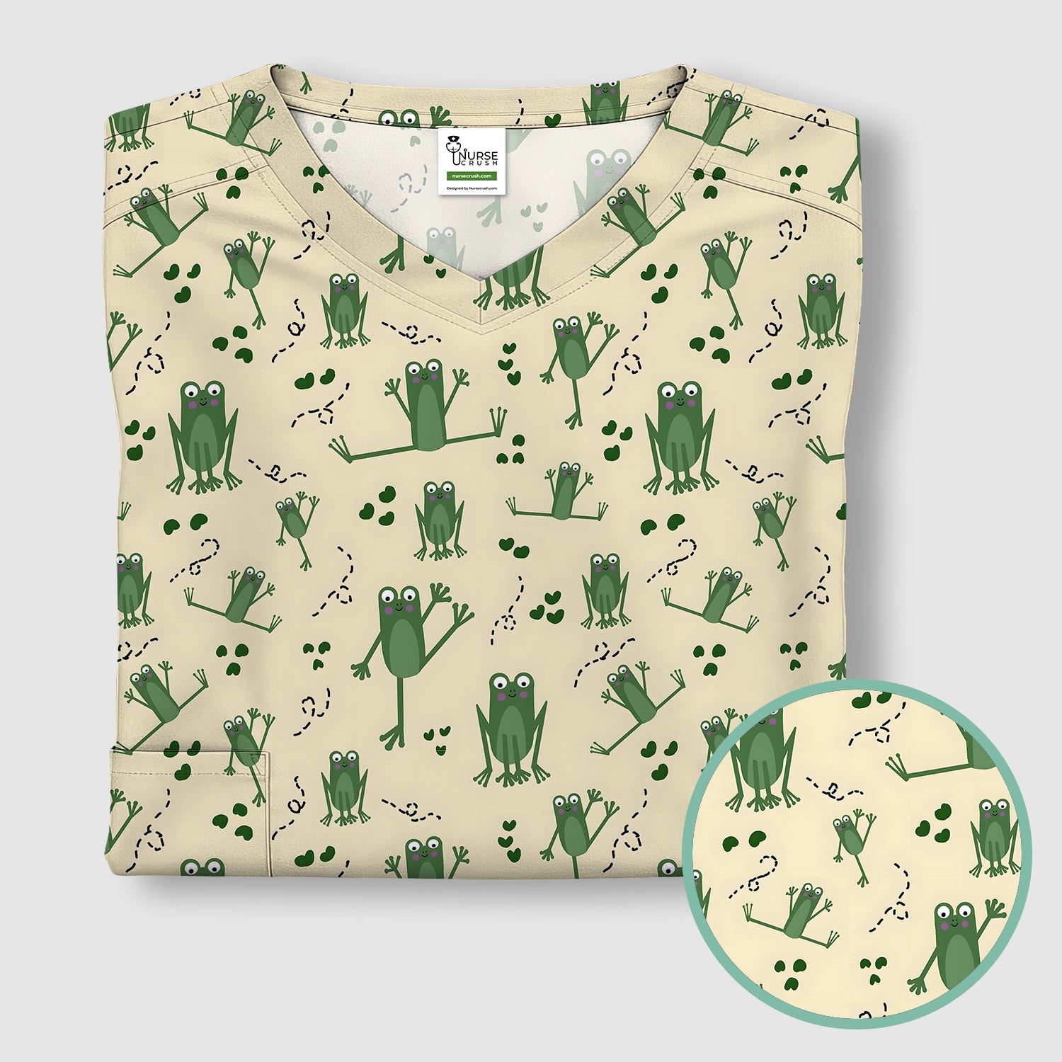 Frog Jumping Footprint Trail Pattern Scrub Top, Breathable Fabrics Nursing Uniform