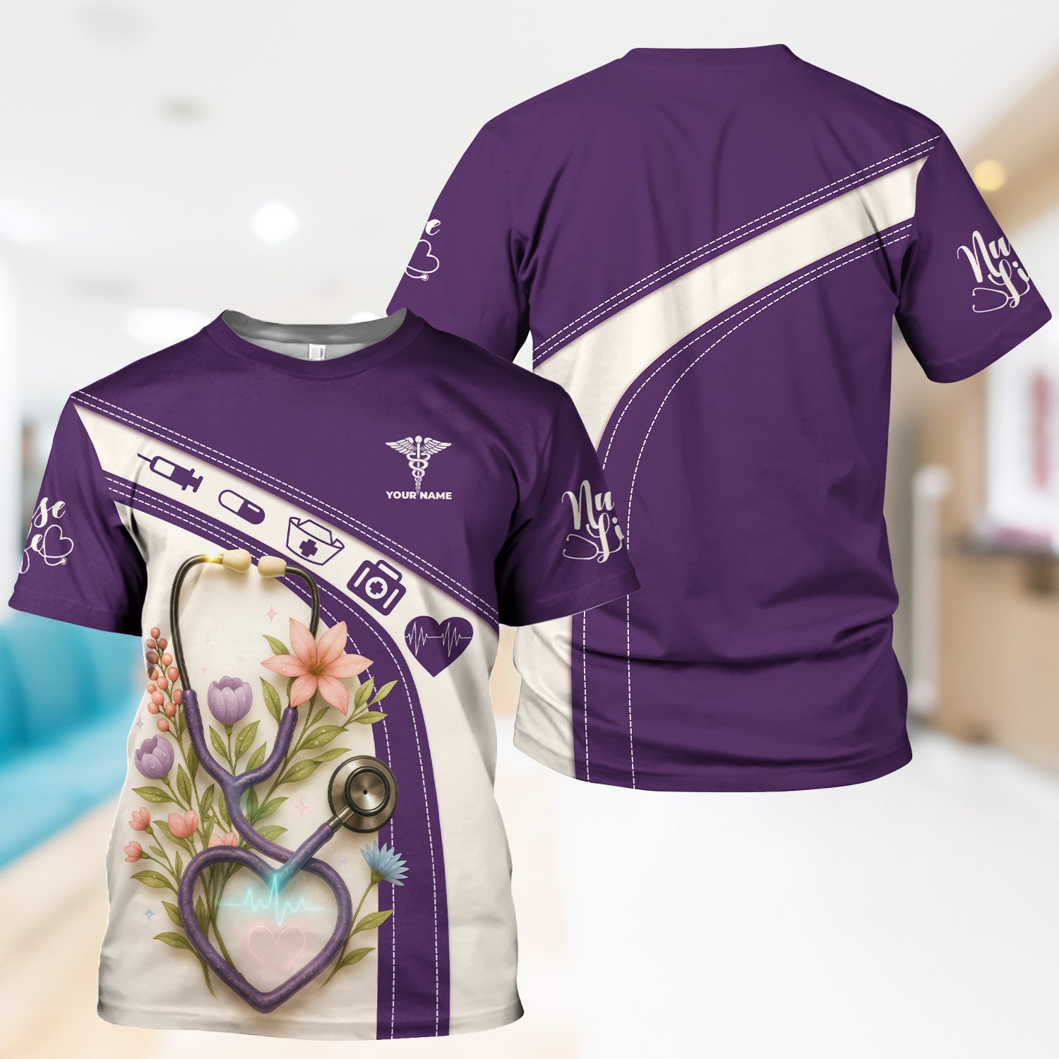 Custom Floral Scrub Top for Nurses - Heartbeat Stethoscope Purple Shirt - Personalized Medical Uniform Gift for RN CNA LPN