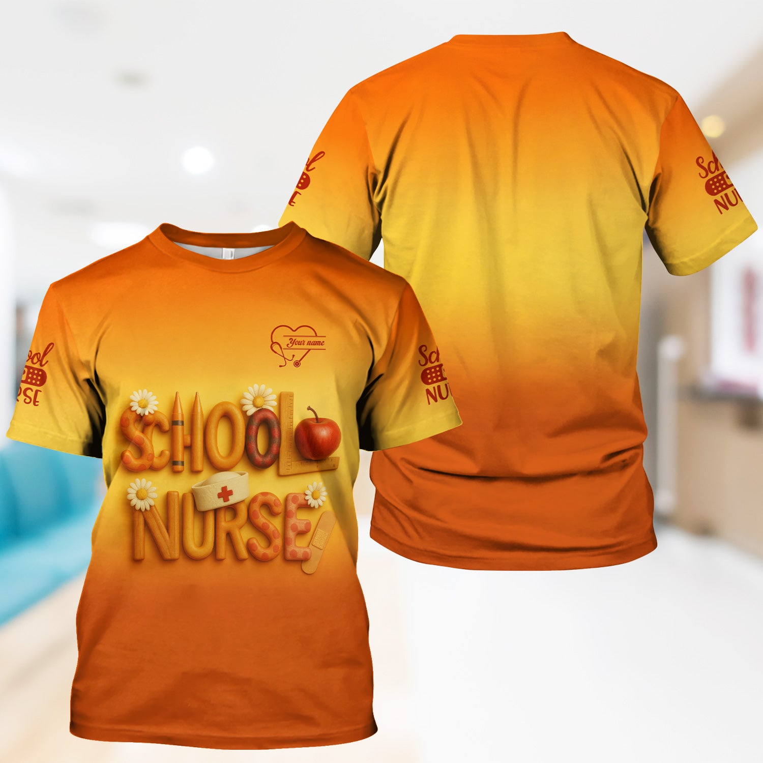 Custom School Nurse Scrub Top - Cute Apple Pencil Design with Bandages and Daisies - Back to School Gift for RN LPN Healthcare Workers